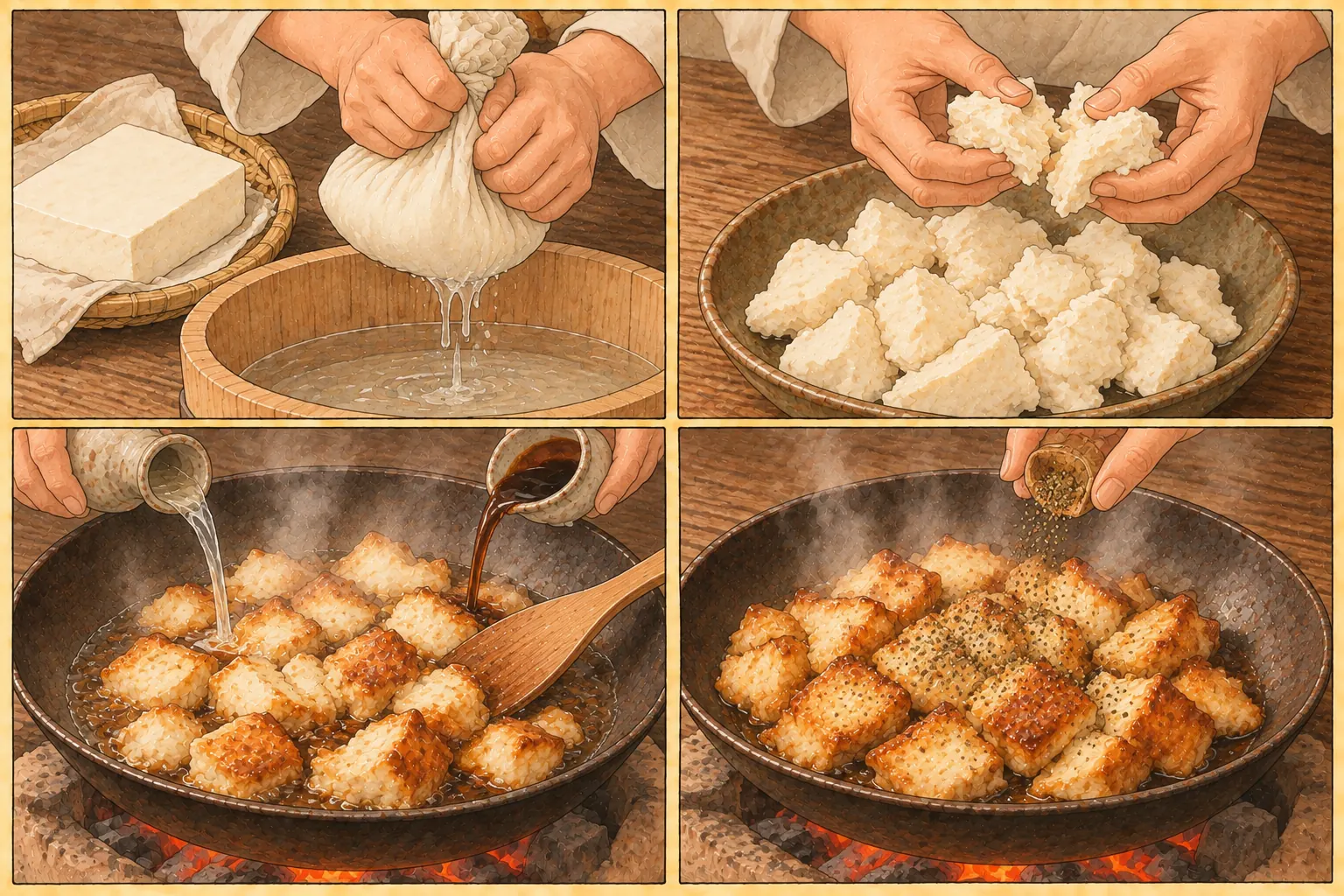 あらかね豆腐の作り方。①水を絞る ②つかみ崩す ③油を使わず炒りつける ④山椒を打ち込む