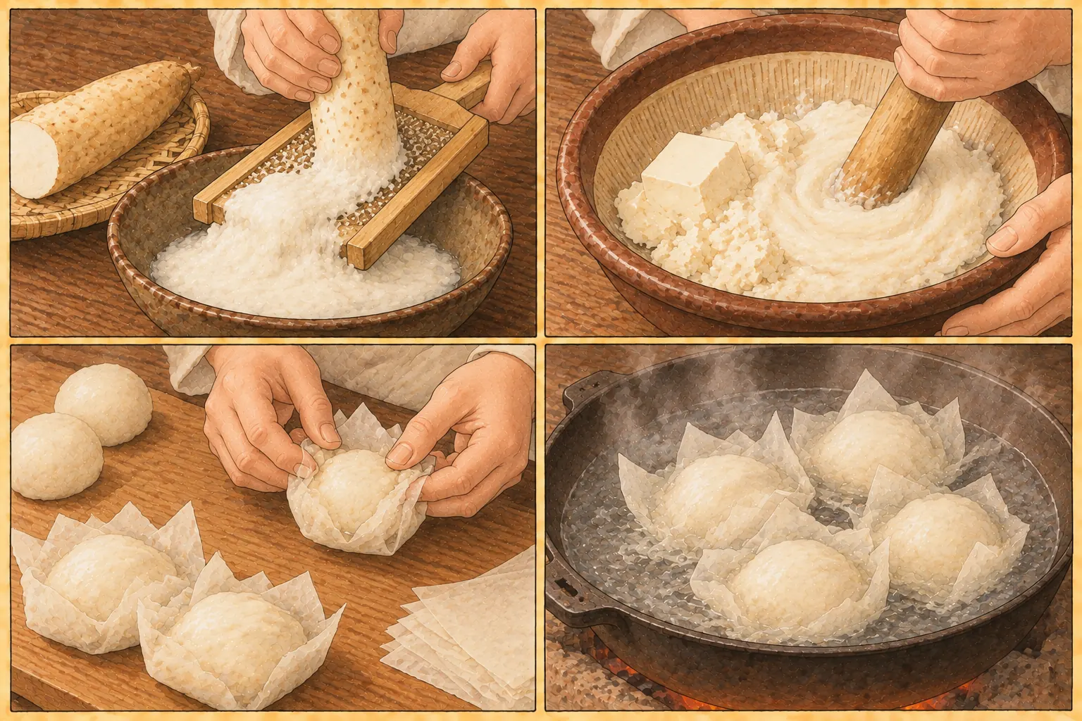 ハンペン豆腐の作り方。①長芋をする ②豆腐とすり混ぜる ③丸めて紙に包む ④湯で煮る