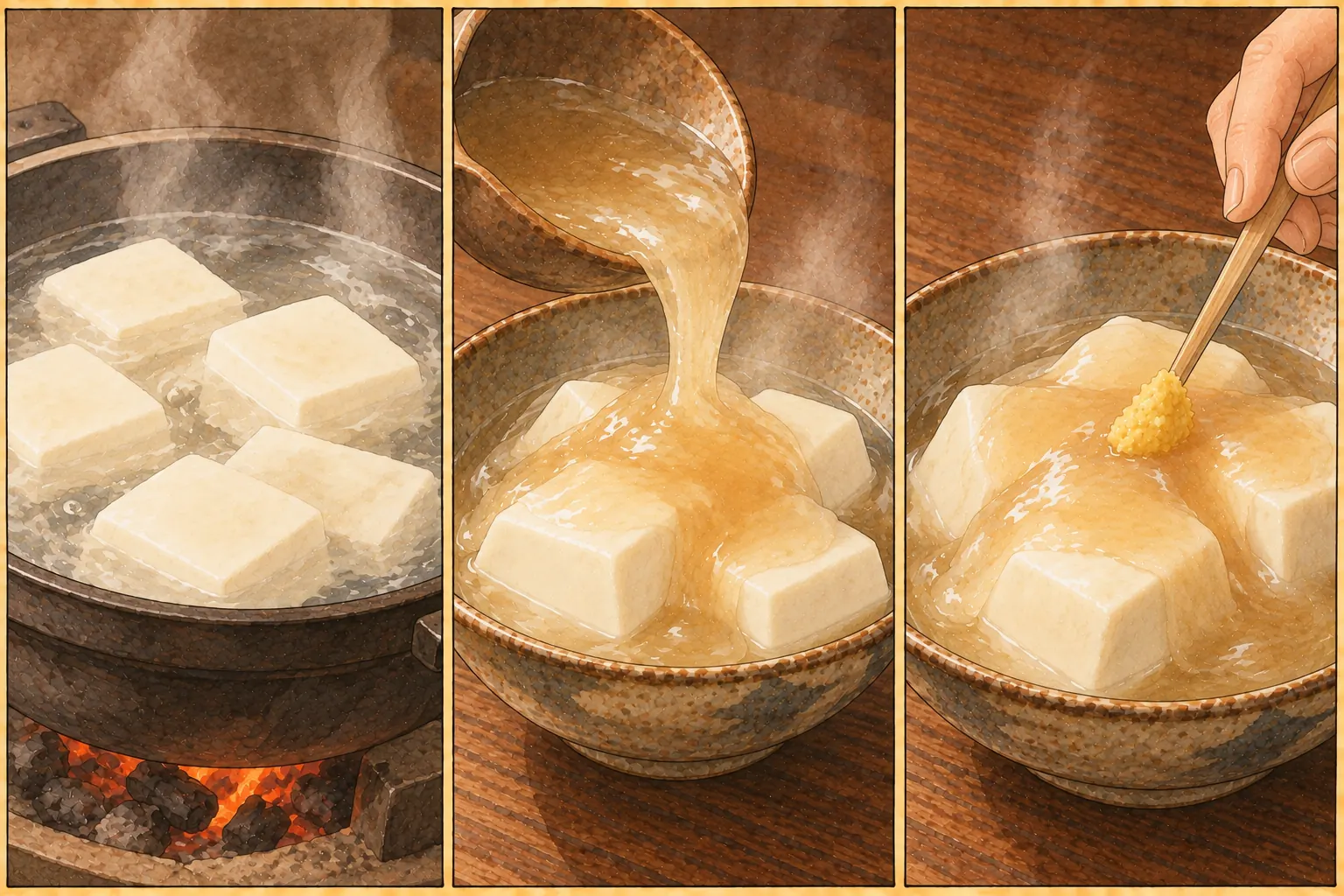 高津湯とうふの作り方。①湯で煮る ②葛あんをかける ③からしを添える