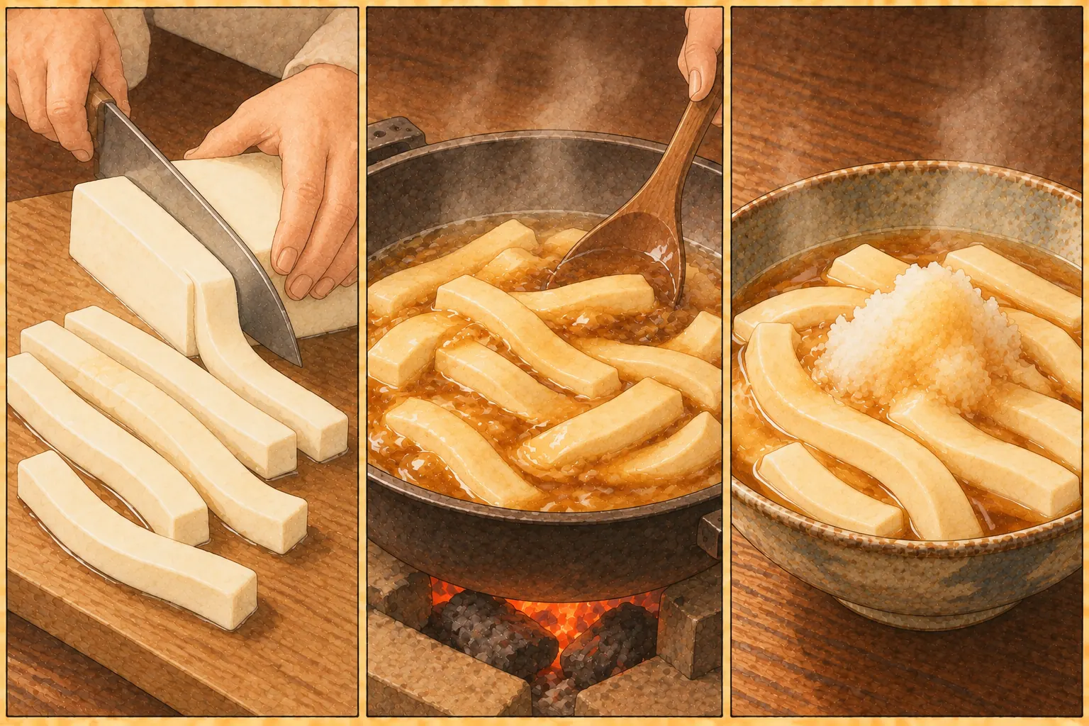 草の八杯とうふの作り方。①うどんの太さに切る ②煮て葛でとじる ③おろし大根をのせる