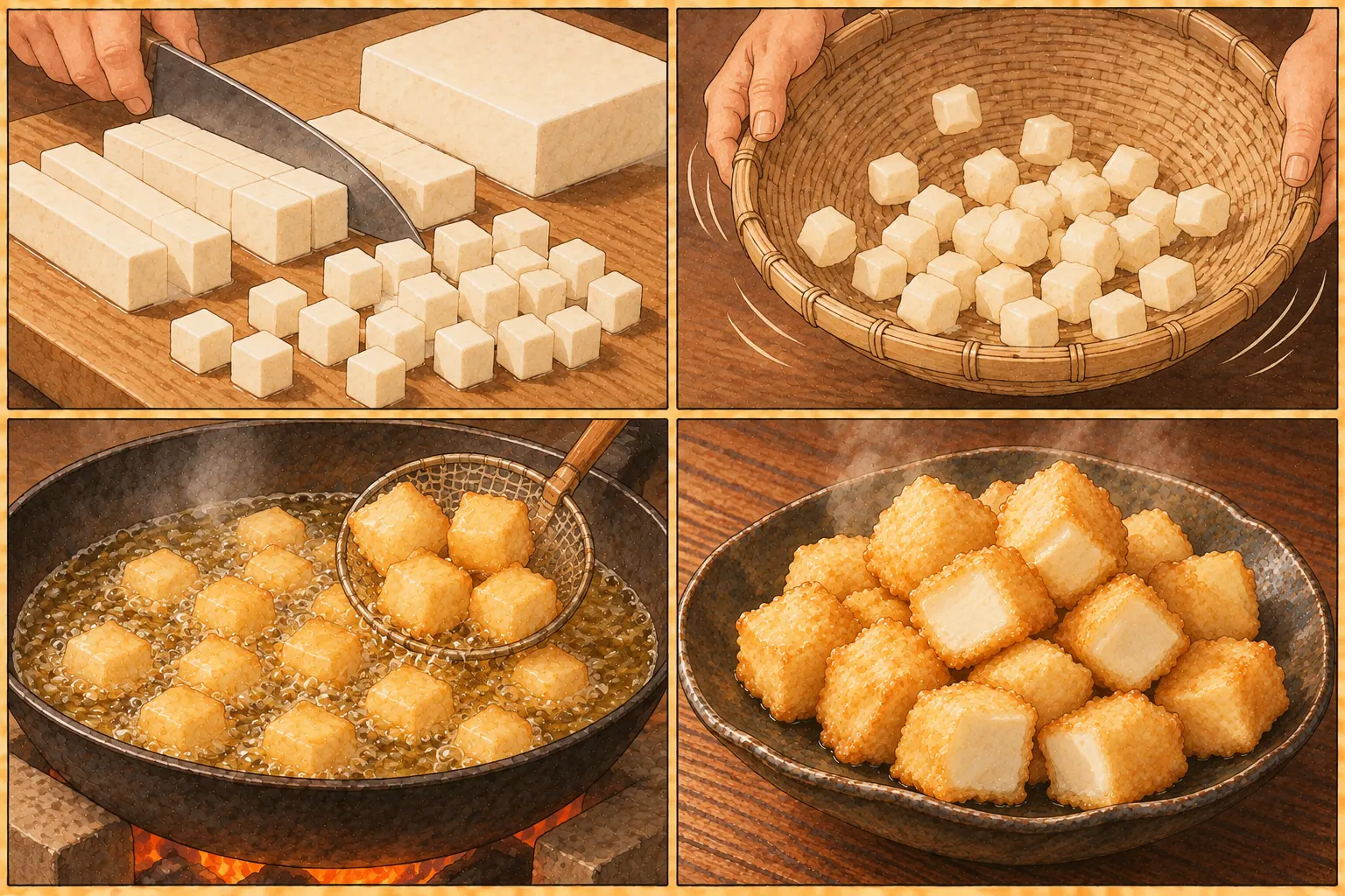 霰豆腐の作り方。①小さく切る ②ざるで角を取る ③さっと揚げる ④盛る