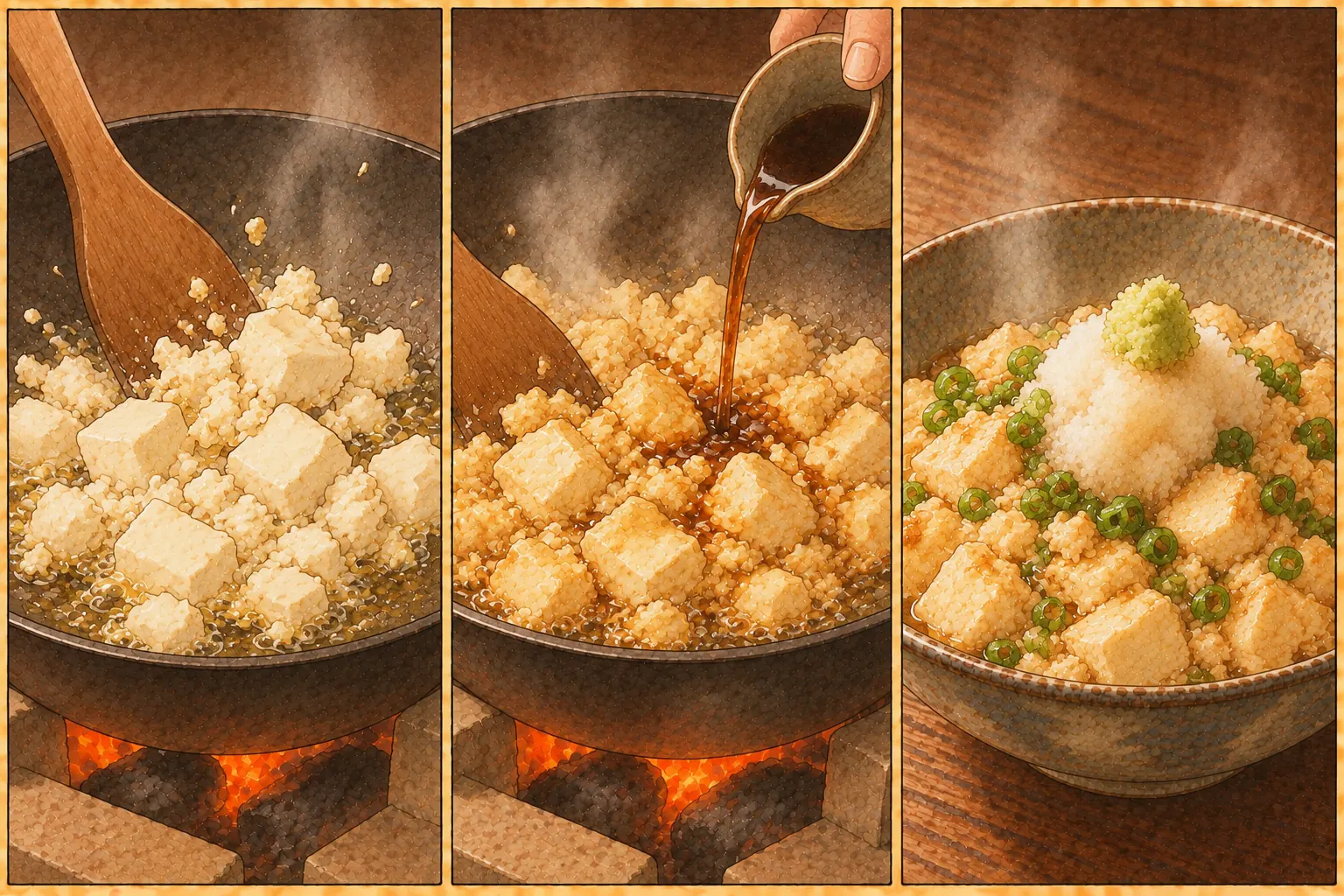 雷とうふ・砕とうふの作り方。①油に打ち込む ②醤油をさす ③薬味を打ち込む