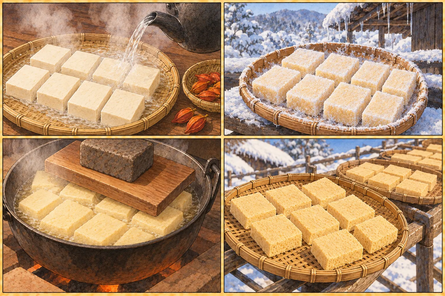 凍とうふ・速成凍豆腐の作り方。①切って湯をかける ②寒空に一夜さらす ③煮て重しをかける ④何日も日に干す