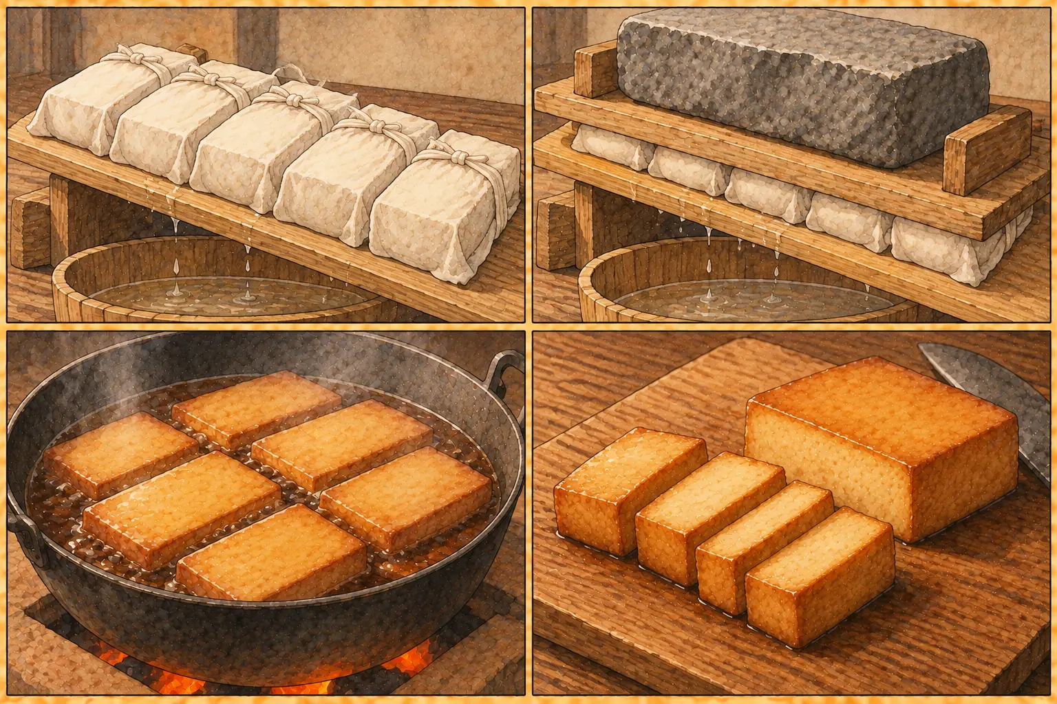 おし豆腐の作り方。①布に包んで並べる ②重しで水気を絞る ③醤油と酒で煮しめる ④小口切りにする