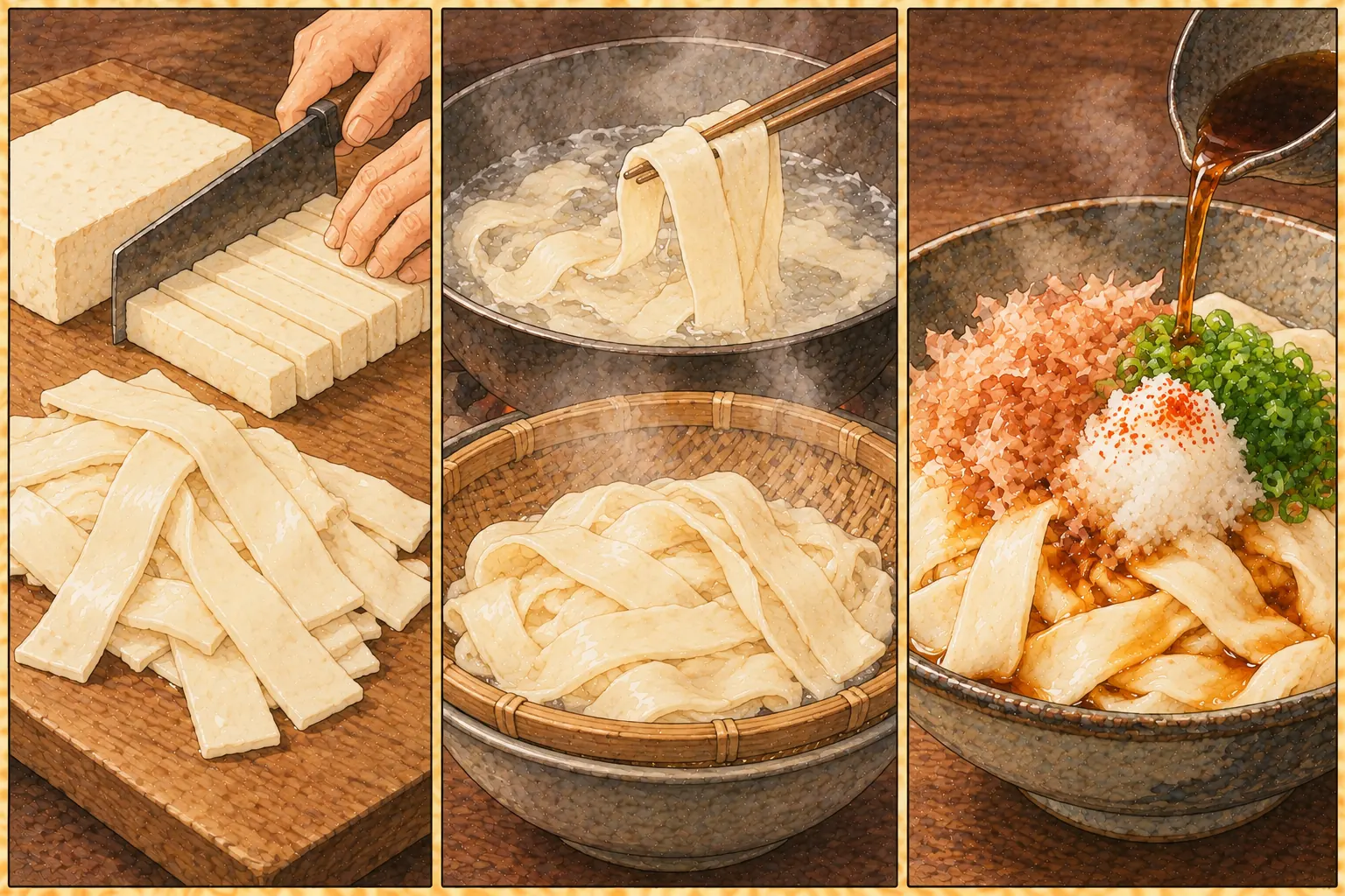 ぶつかけ温飩とうふ・縐紗とうふの作り方。①太く平たく切る ②湯で温めて湯を切る ③醤油をかけて薬味