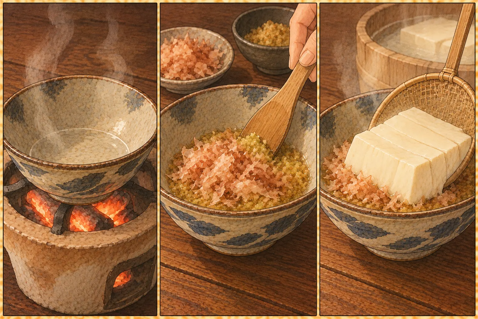 しき味噌とうふの作り方。①茶碗を温める ②山葵味噌と花鰹を敷く ③軟とうふを盛る