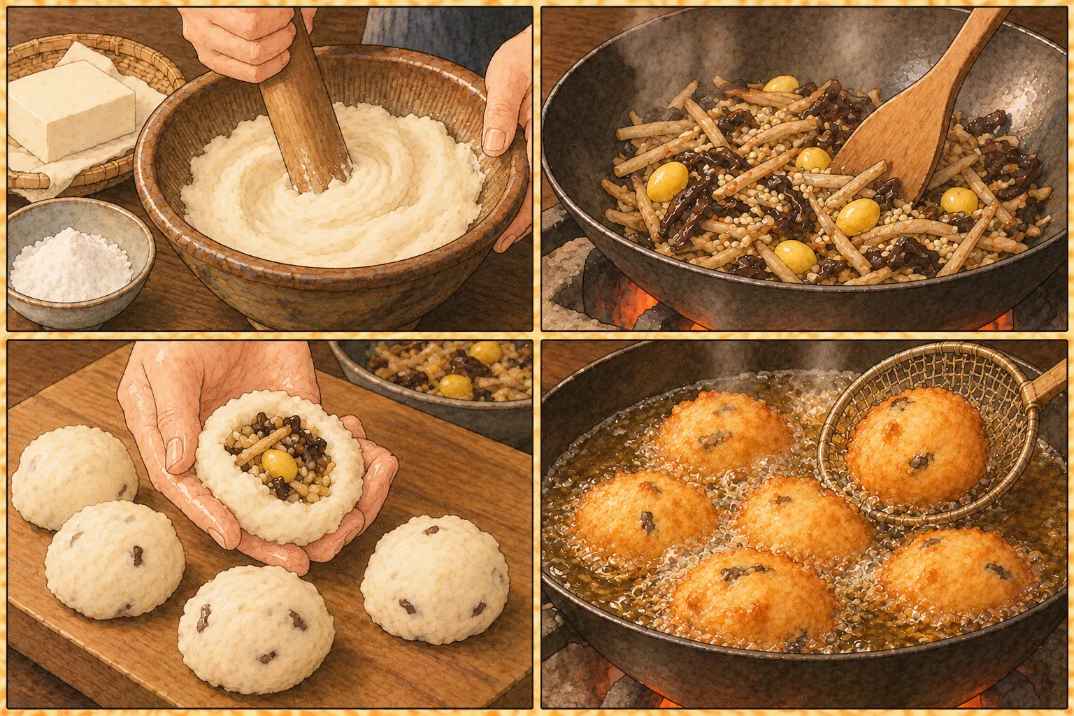 ヒリヤウヅの作り方。①すって葛でつなぐ ②具を炒める ③豆腐で包む ④油で揚げる