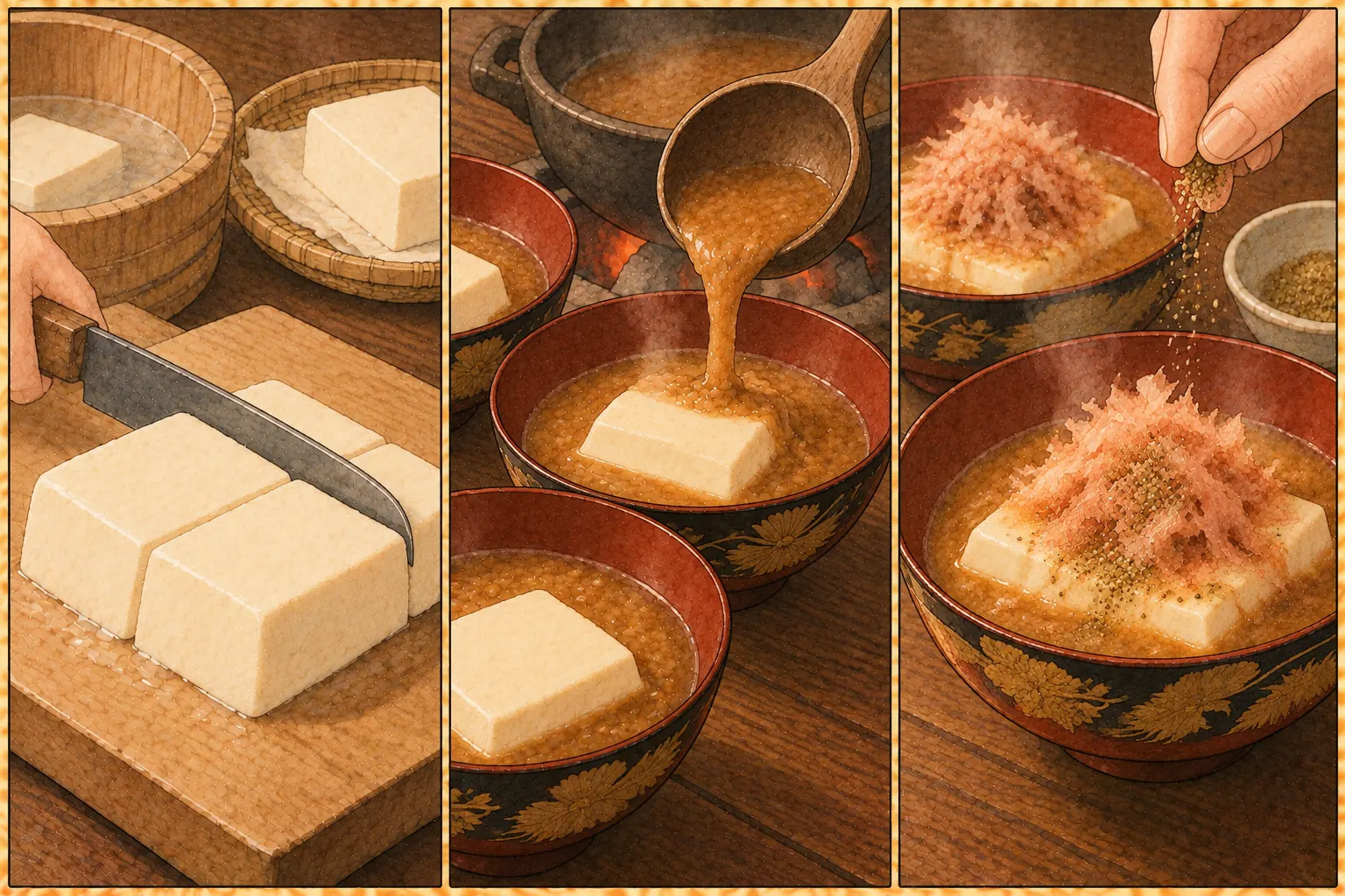濃醤の作り方。①四つに切る ②一椀に一切れ ③山椒と花鰹をのせる