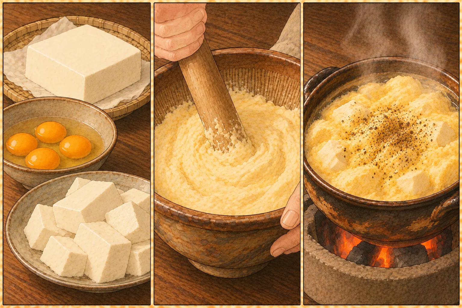 ふわふわ豆腐の作り方。①等分にする ②すり合わせる ③ふわふわに煮て胡椒