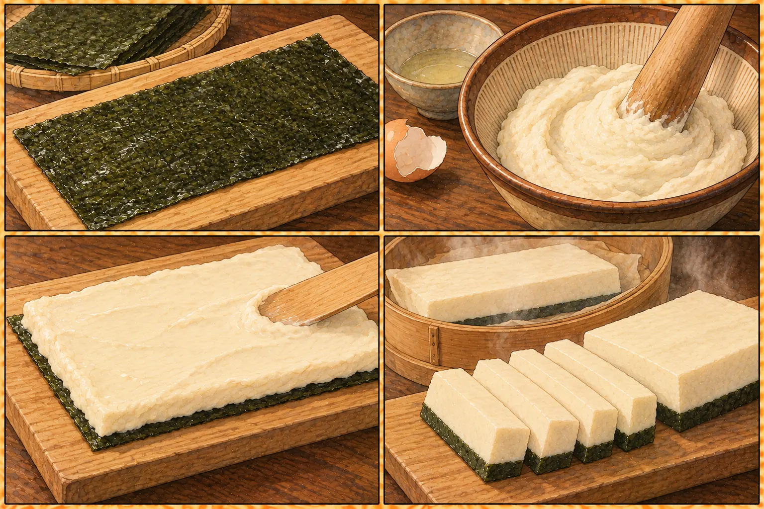松重ねとうふの作り方。①海苔を敷く ②卵白でつなぐ ③のばして重ねる ④蒸して切る