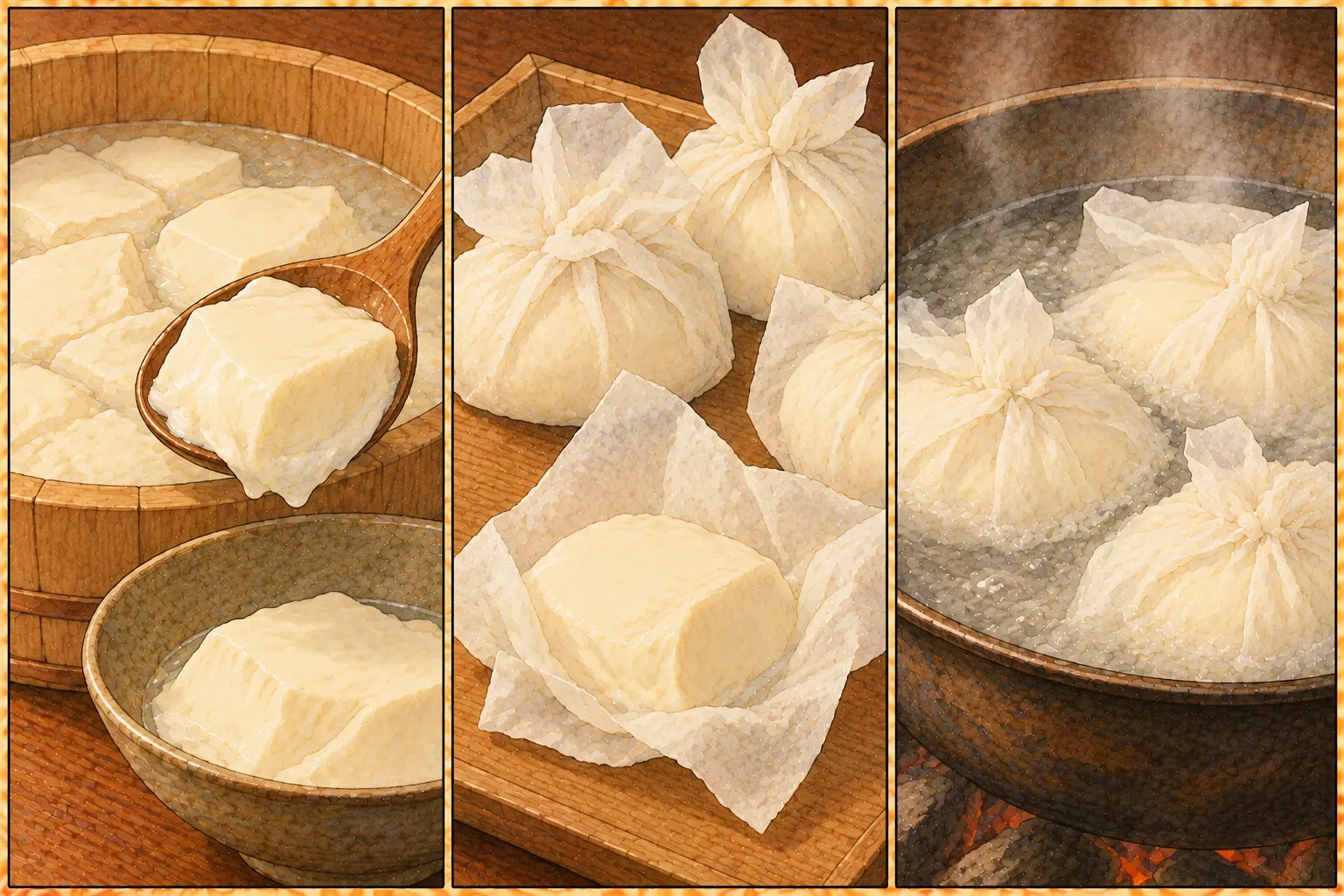 豆乳の作り方。①ほどよく取る ②美濃紙に包む ③湯煮する