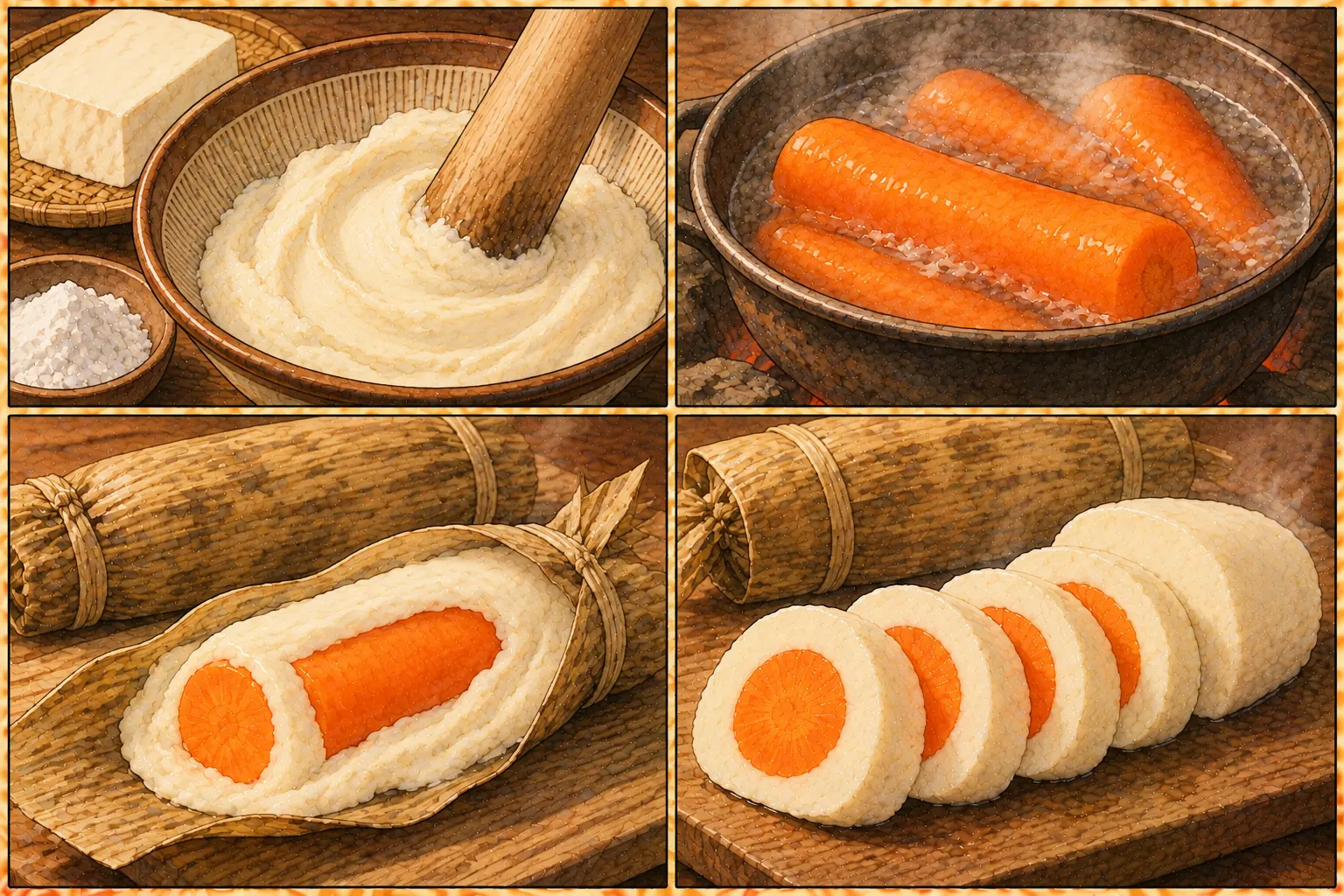 鶏卵様の作り方。①すって固めにする ②人参をやわらかく煮る ③巻いてくくる ④湯煮して切る