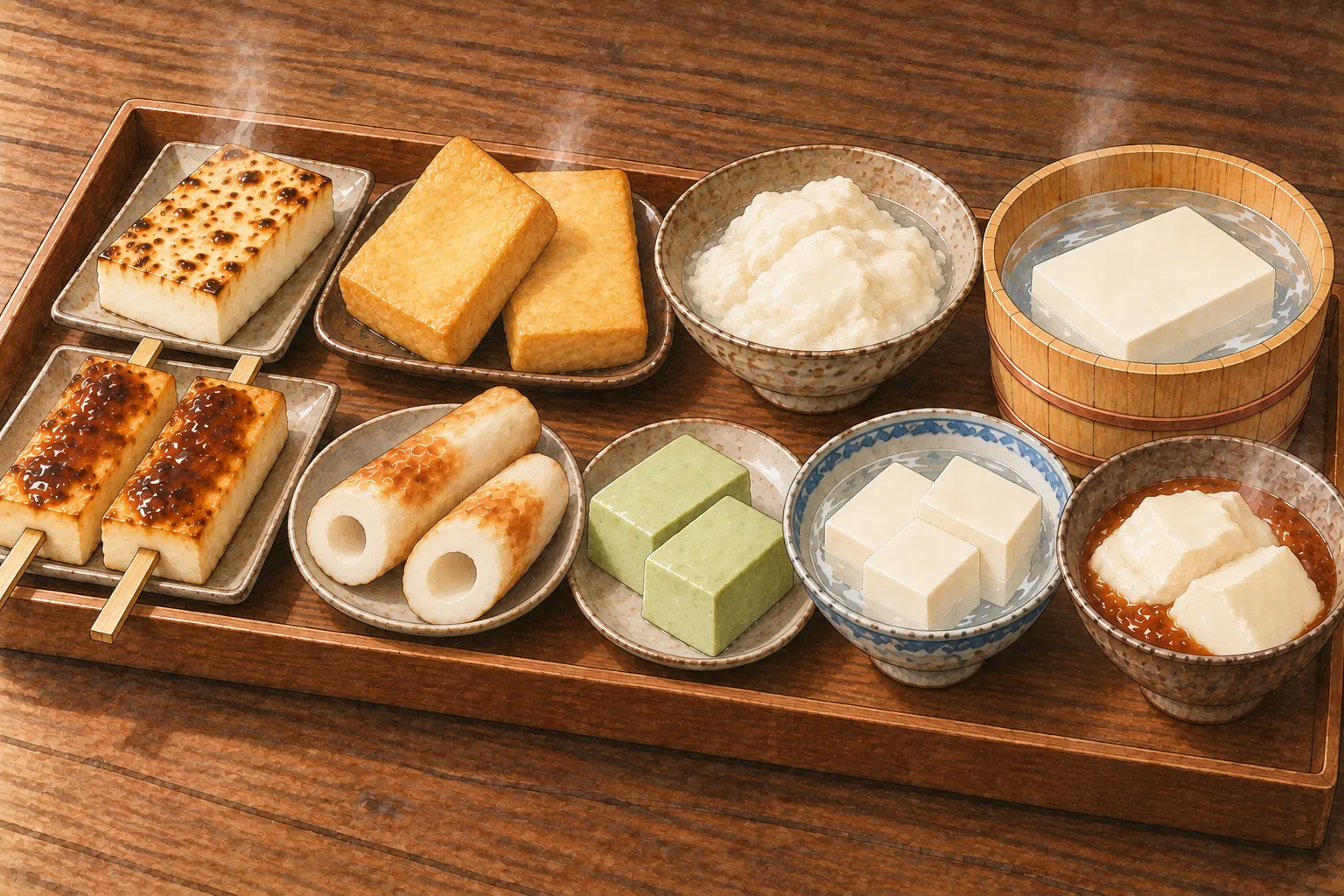 通品の豆腐料理。焼き豆腐、揚げ豆腐、おぼろ豆腐、絹ごし、田楽、竹輪の形の豆腐、青豆の豆腐、やっこ、赤味噌の敷き味噌豆腐
