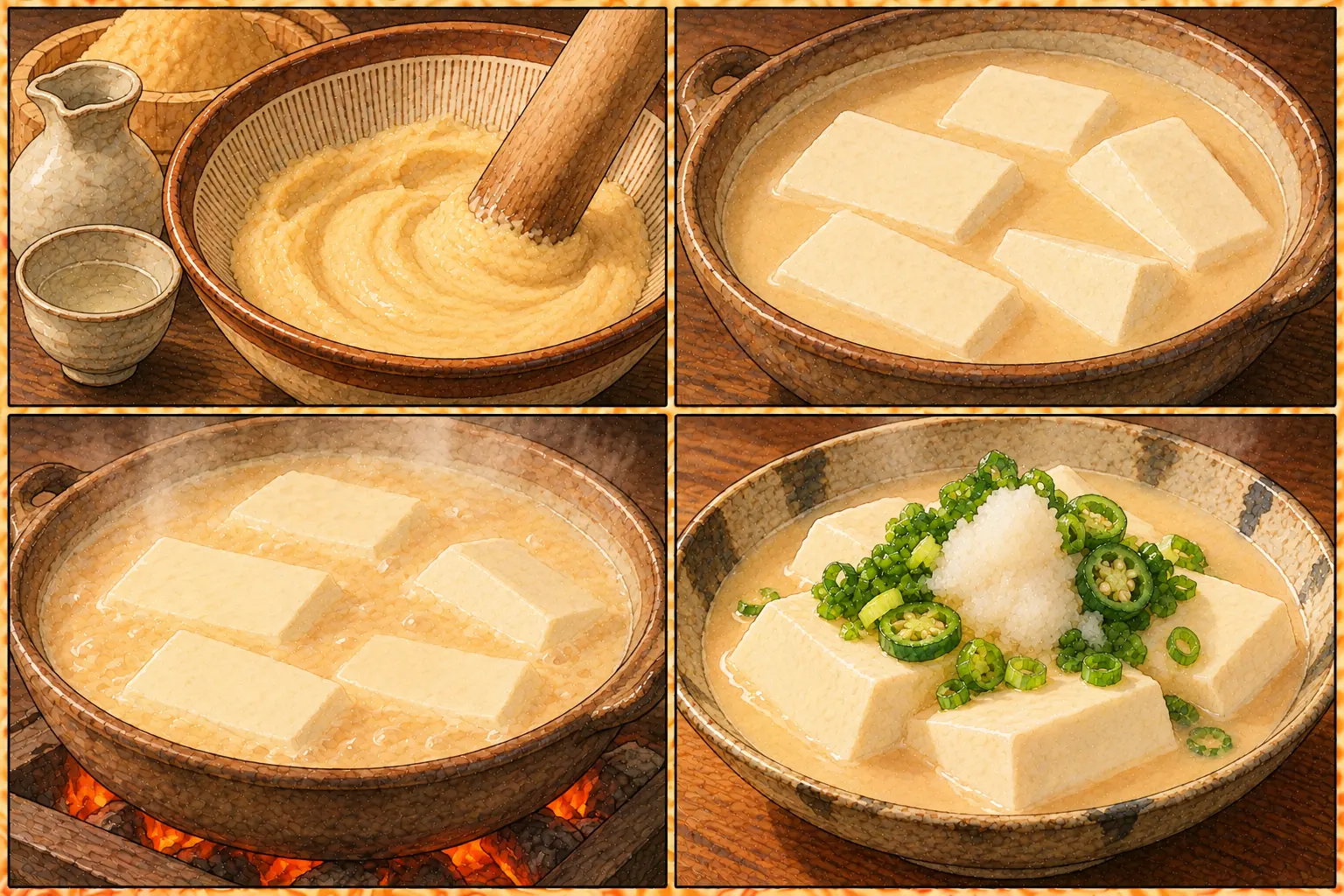 なじみ豆腐の作り方。①白味噌を酒でのばす ②豆腐を漬ける ③そのまま煮たてる ④薬味をのせて盛る