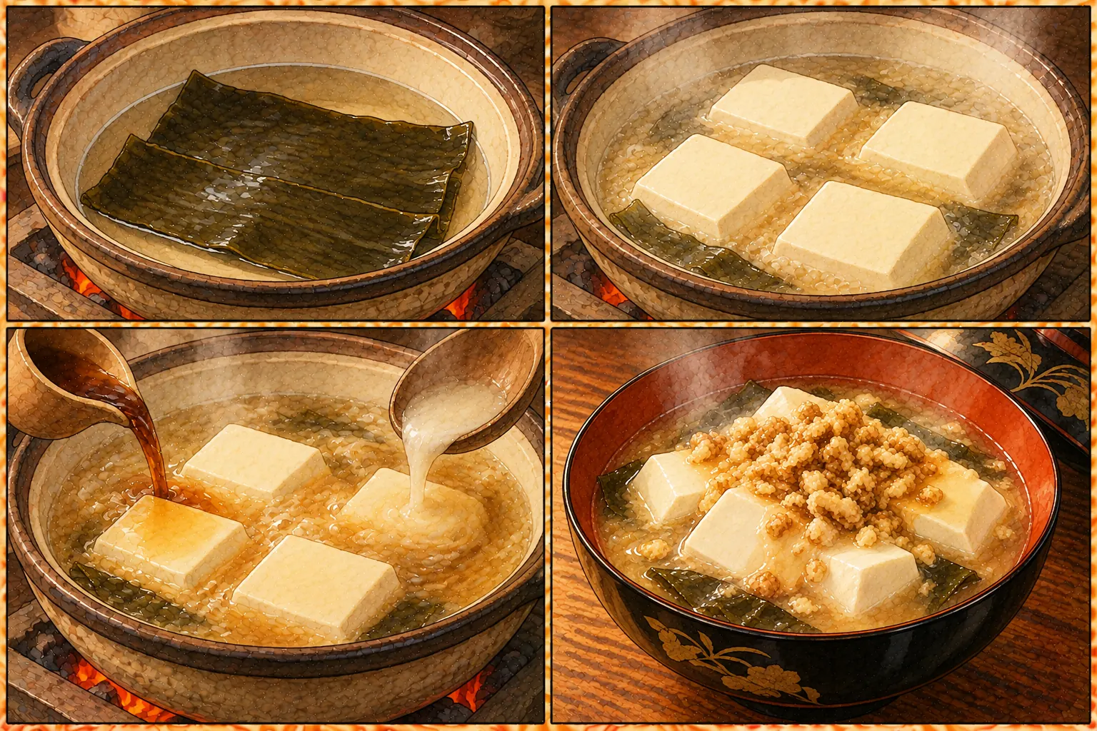 今出川とうふの作り方。①昆布を敷く ②だしと酒塩で煮る ③醤油と葛 ④胡桃をふる