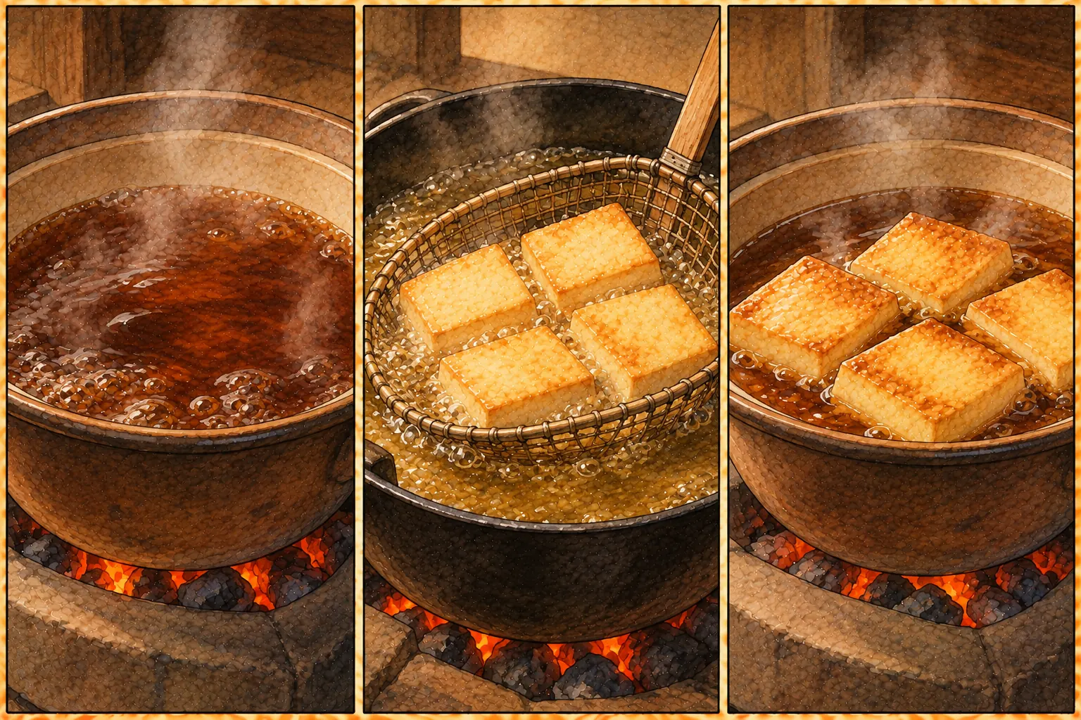 一種の黄檗とうふの作り方。①煮汁を沸かす ②油にくぐらせる ③すぐに煮る