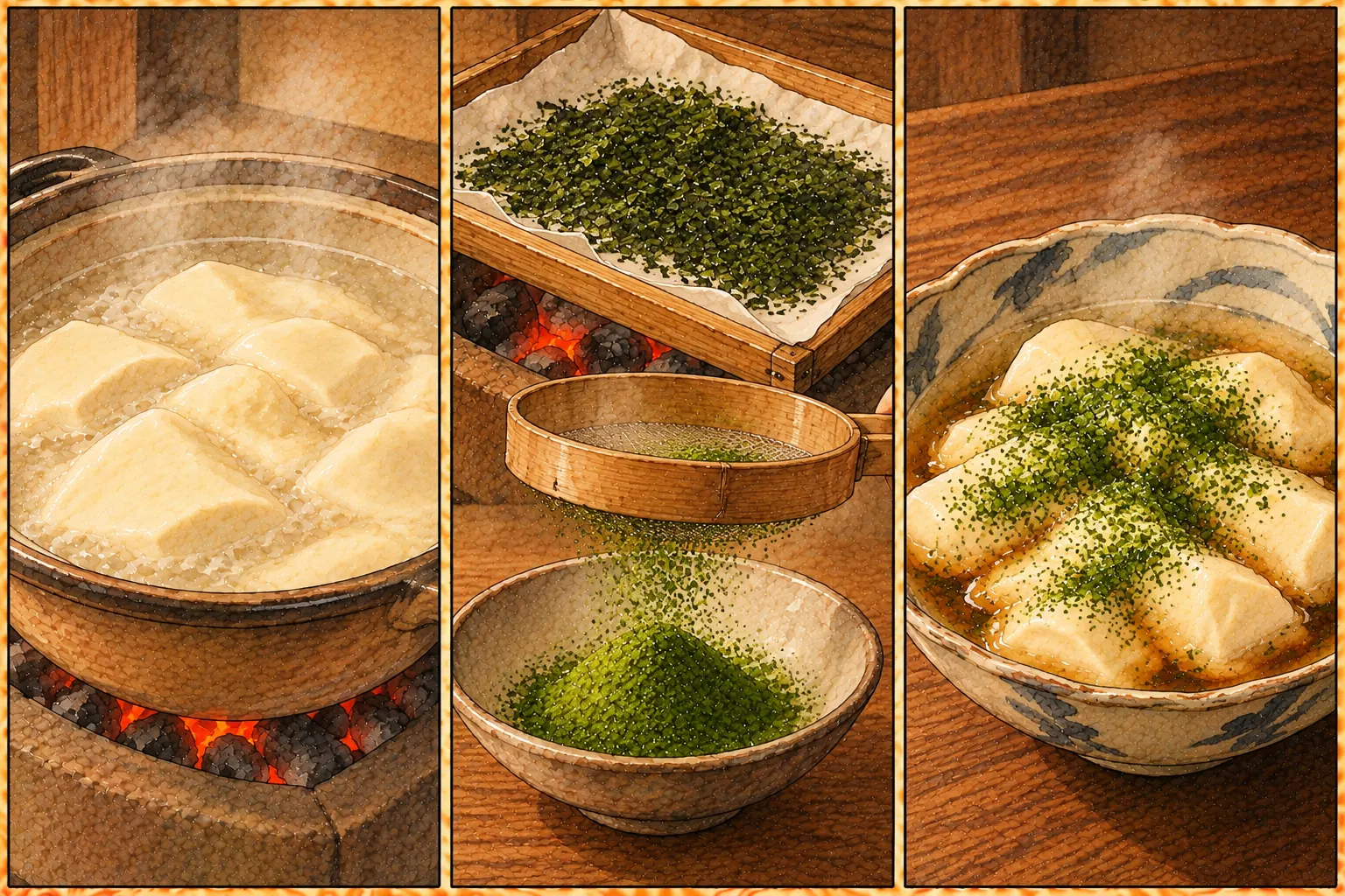 青海とうふの作り方。①葛湯で煮る ②青海苔を粉にする ③醤油を差して青海苔