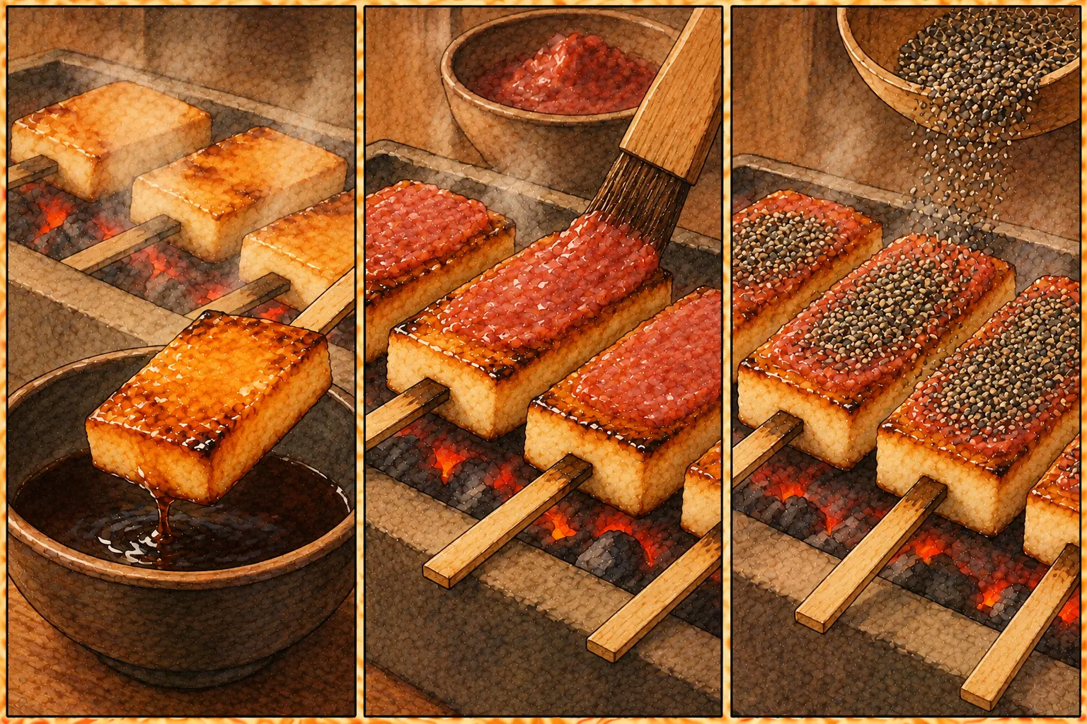 浅茅田楽の作り方。①つけ焼きにする ②梅醤をぬる ③罌粟をかける