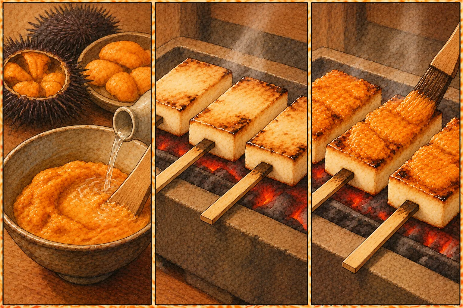 海膽田楽の作り方。①うにを酒でとく ②豆腐を焼く ③うにをぬって焼く