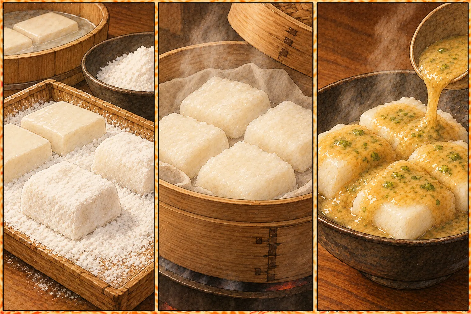 雲かけ豆腐の作り方。①粉をまぶす ②蒸す ③山葵味噌をかける