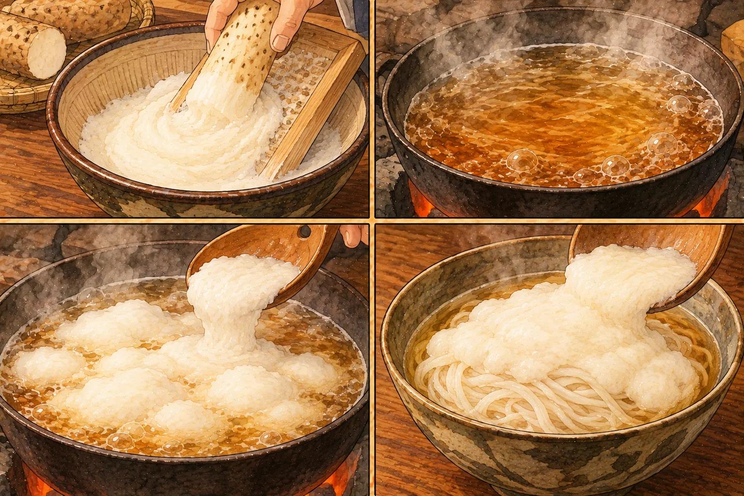 薯蕷かけ豆腐の作り方。①山芋をする ②だしを沸かす ③芋をふくらませる ④うどん豆腐にかける