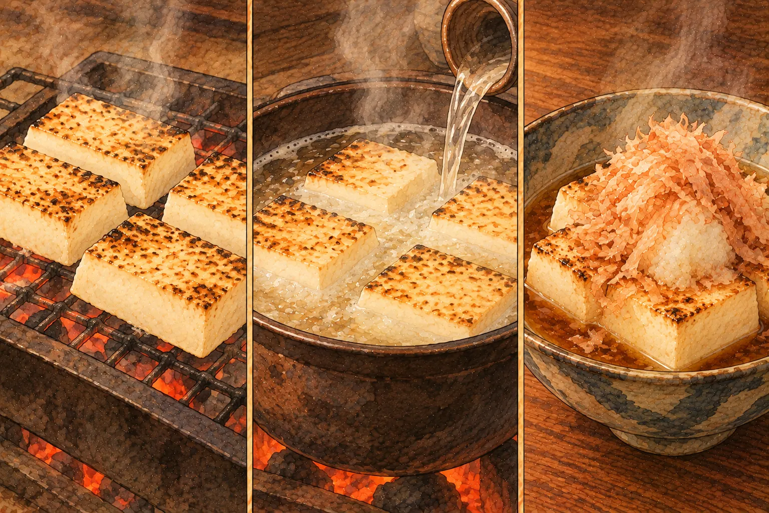 備後とうふの作り方。①浅く焼く ②酒だけで煮る ③醤油と薬味
