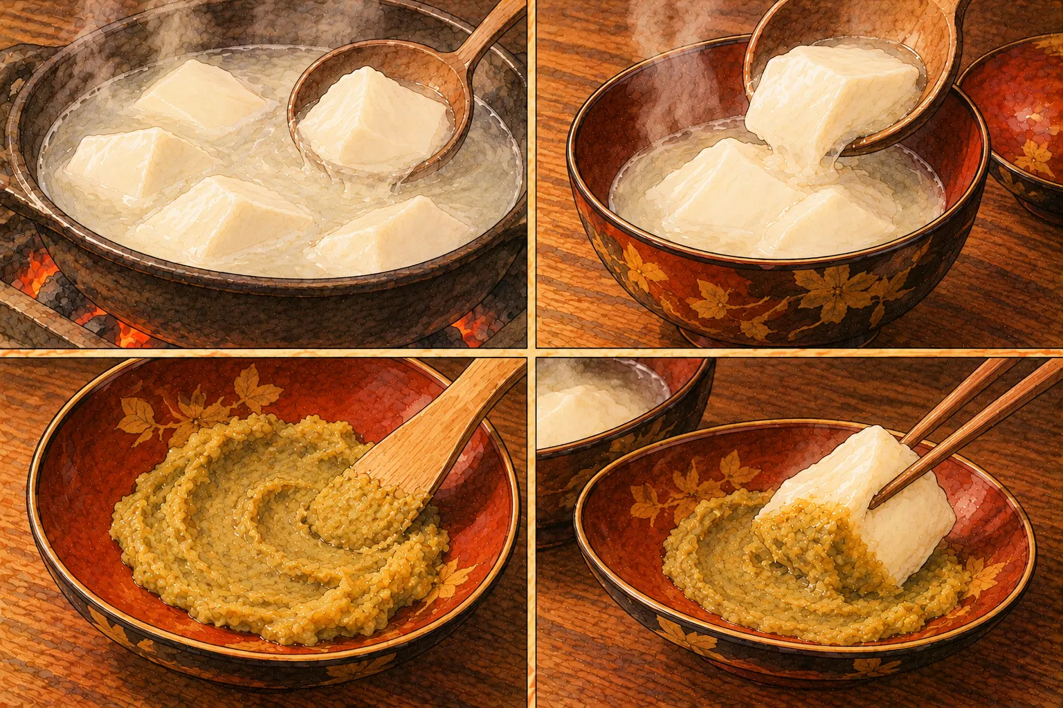 引ずりとうふの作り方。①葛湯で煮る ②器に盛る ③蓋の裏に味噌をぬる ④引きずって食べる
