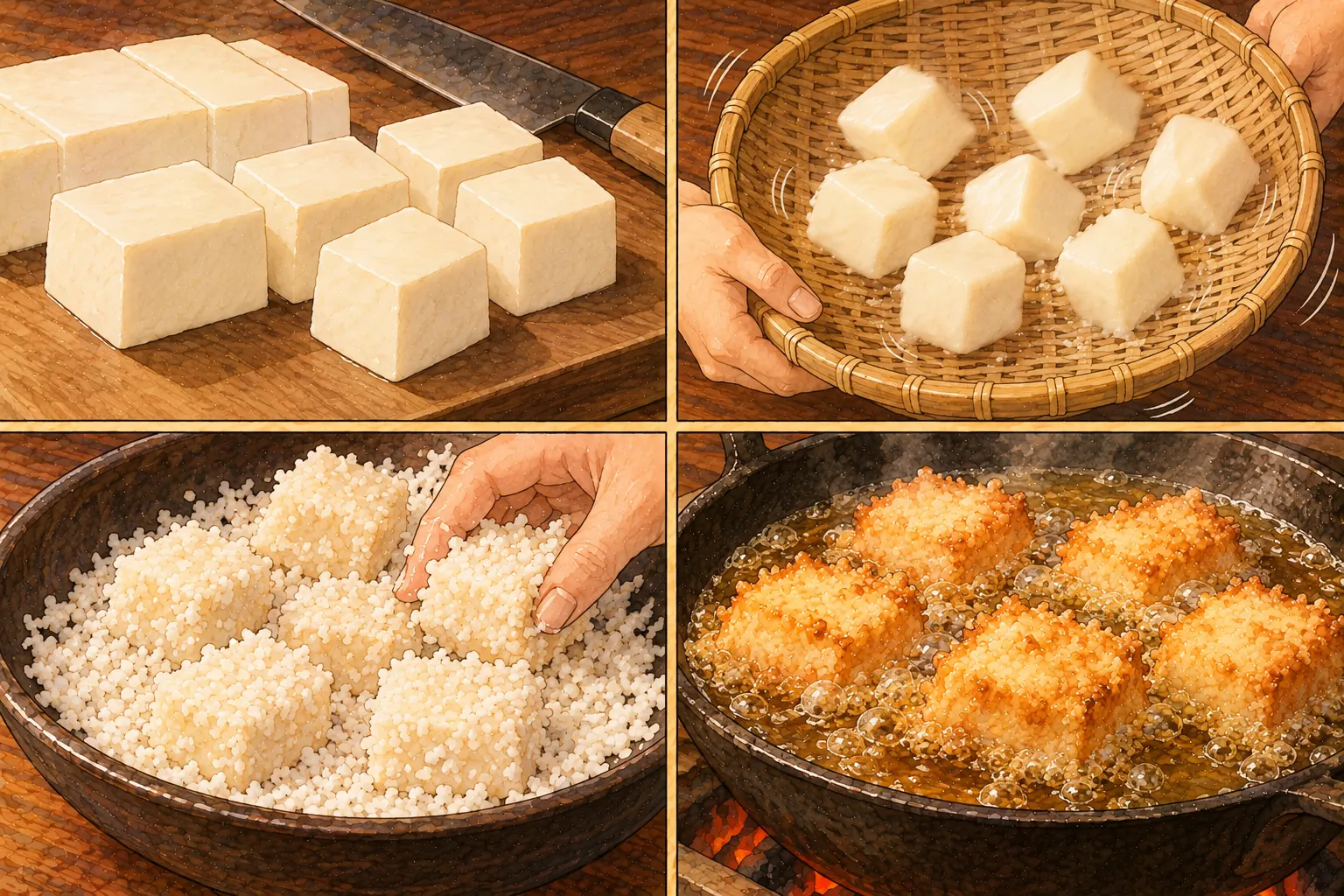 釈迦とうふの作り方。①賽の目に切る ②笊で角を取る ③砕いた葛をまぶす ④油で揚げる