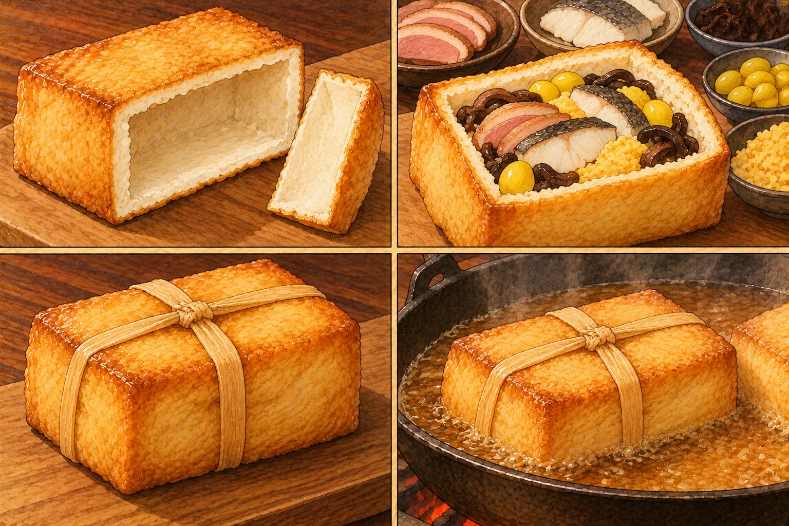 沙金豆腐の作り方。①丸揚げにしてくり抜く ②具と卵を詰める ③口をくくる ④酒で煮る
