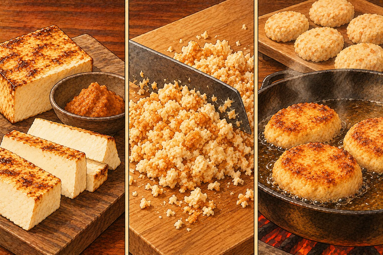 叩き豆腐の作り方。①七分三分に合わせる ②包丁で叩く ③さっと揚げる