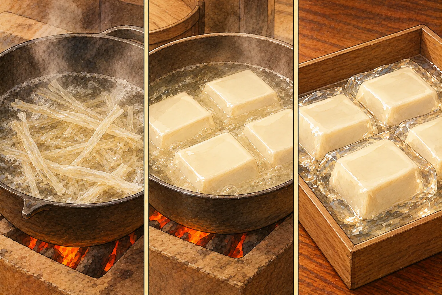 玲瓏とうふの作り方。①寒天を煮溶かす ②その湯で煮しめる ③冷まして使う