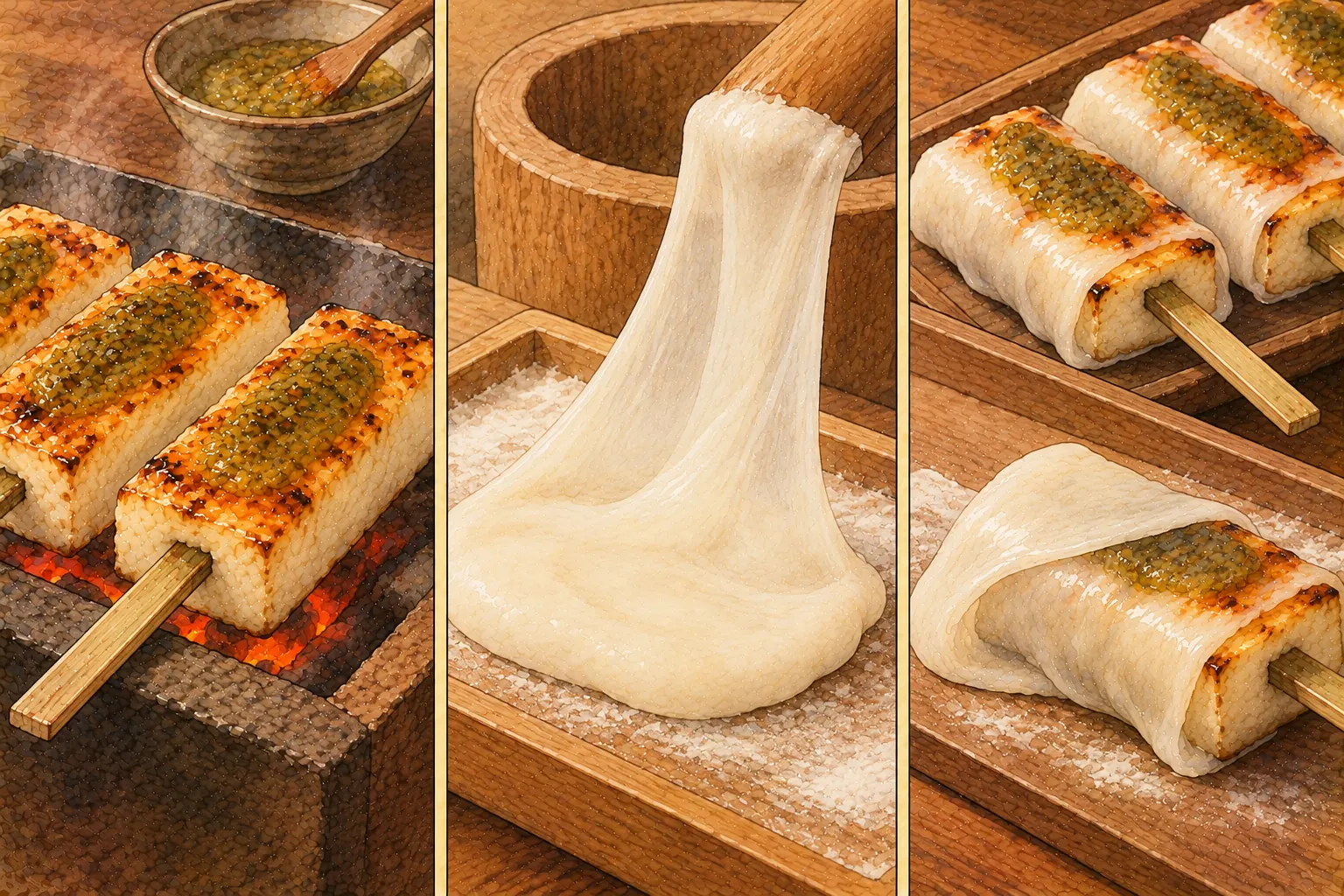 繭でんがくの作り方。①山椒味噌のつけ焼き ②餅を薄くのばす ③餅で包む