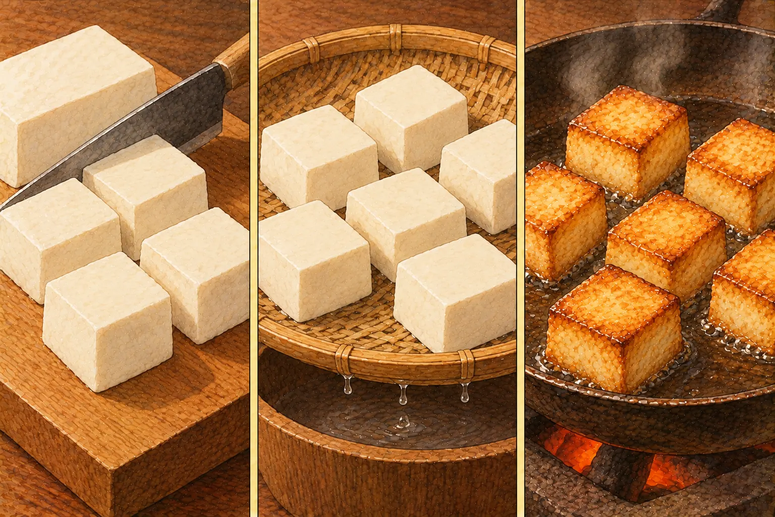 六方焦着とうふの作り方。①角に切る ②水気を切る ③六面を焼く