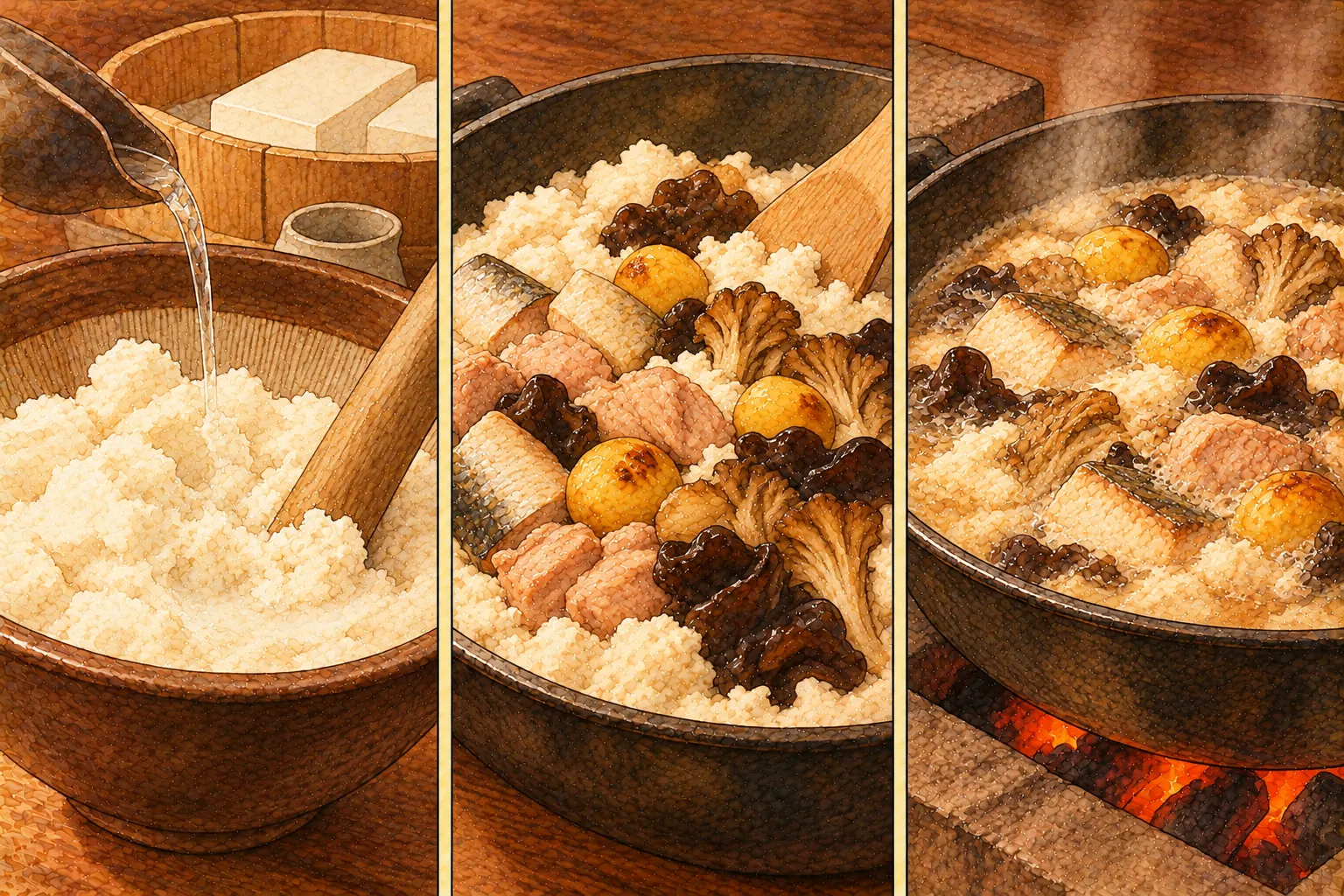 糟いり豆腐の作り方。①すって古酒でとく ②味をつけた具を入れる ③煮る
