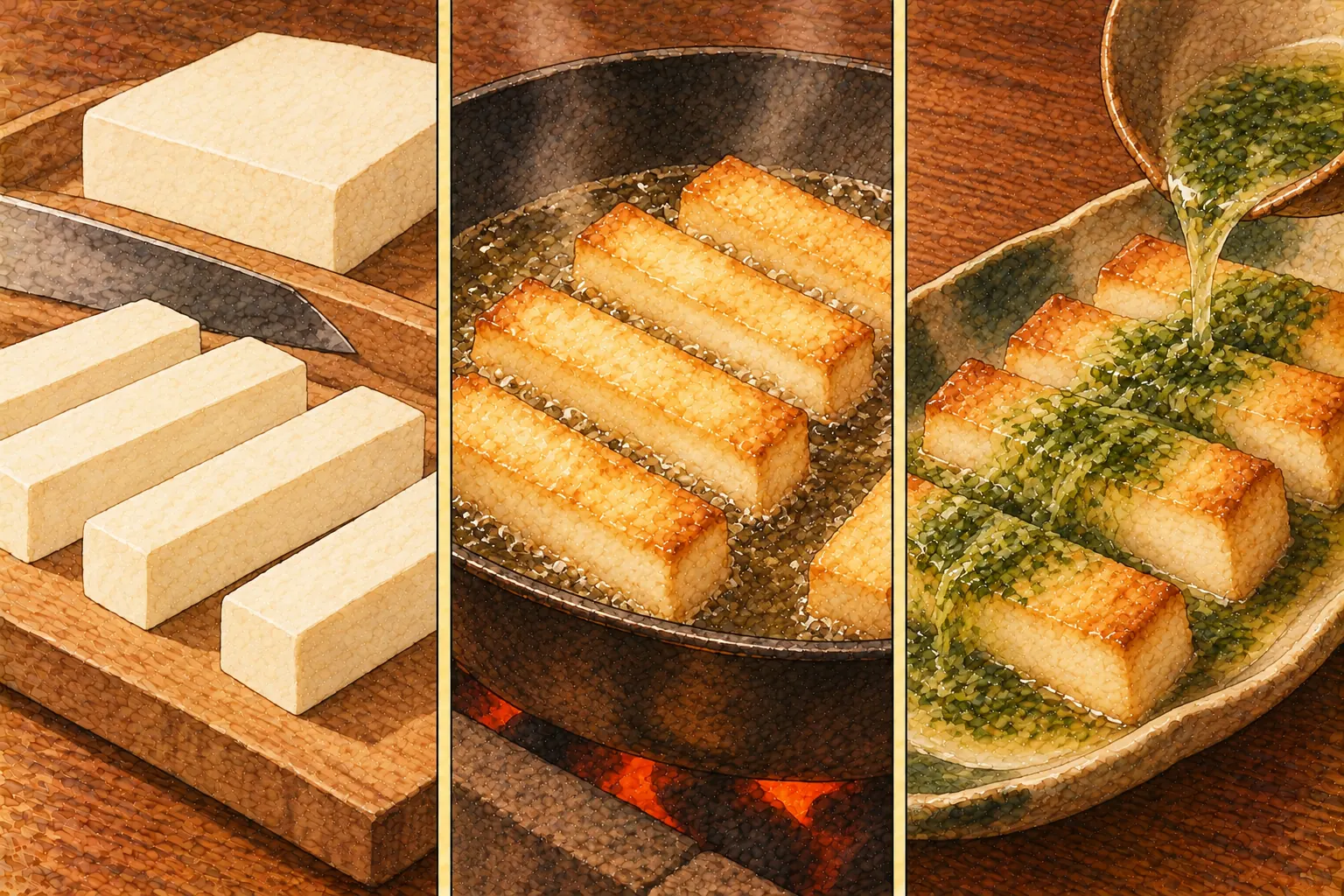 賽香魚の作り方。①柱に切る ②浅く揚げる ③蓼酢をかける