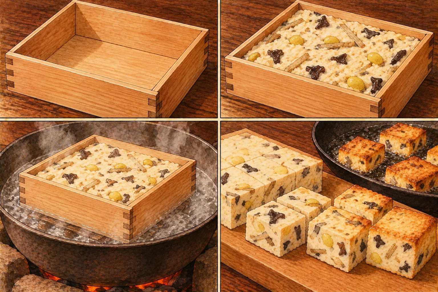 方ヒレウヅの作り方。①杉の箱を作る ②材料を詰める ③箱ごと蒸す ④切って揚げる