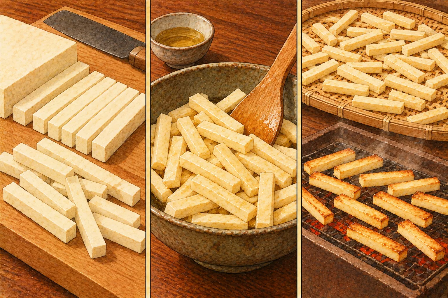 焙豆腐の作り方。①細切りにする ②油を薄くつける ③干して焙炉にかける