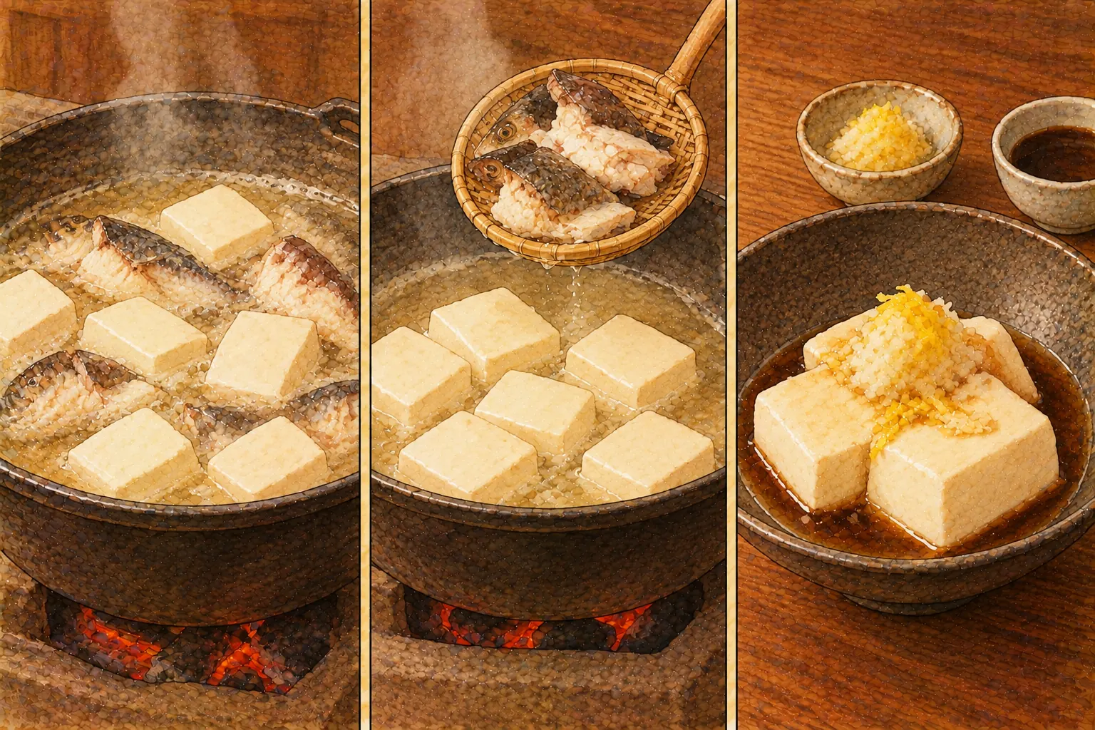 うつし豆腐の作り方。①鯛と豆腐を一鍋で煮る ②切り身を取りのける ③生姜醤油と柚子