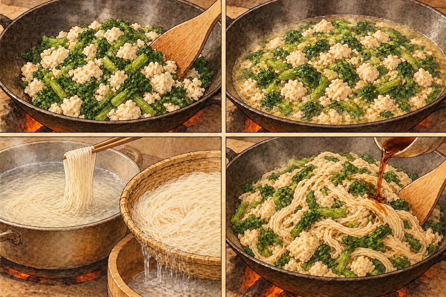 とうふ麪の作り方。①青菜と豆腐を炒める ②水を入れて煮る ③素麺を茹でて洗う ④合わせて醤油で調える