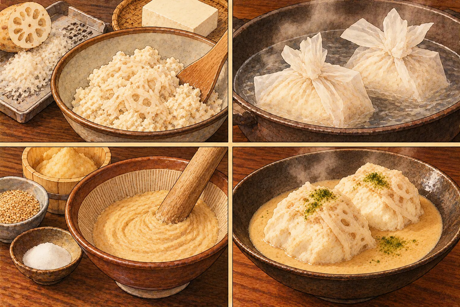 藕根とうふの作り方。①蓮根と豆腐を混ぜる ②紙に包んで湯煮 ③敷き味噌を作る ④味噌の上に盛る