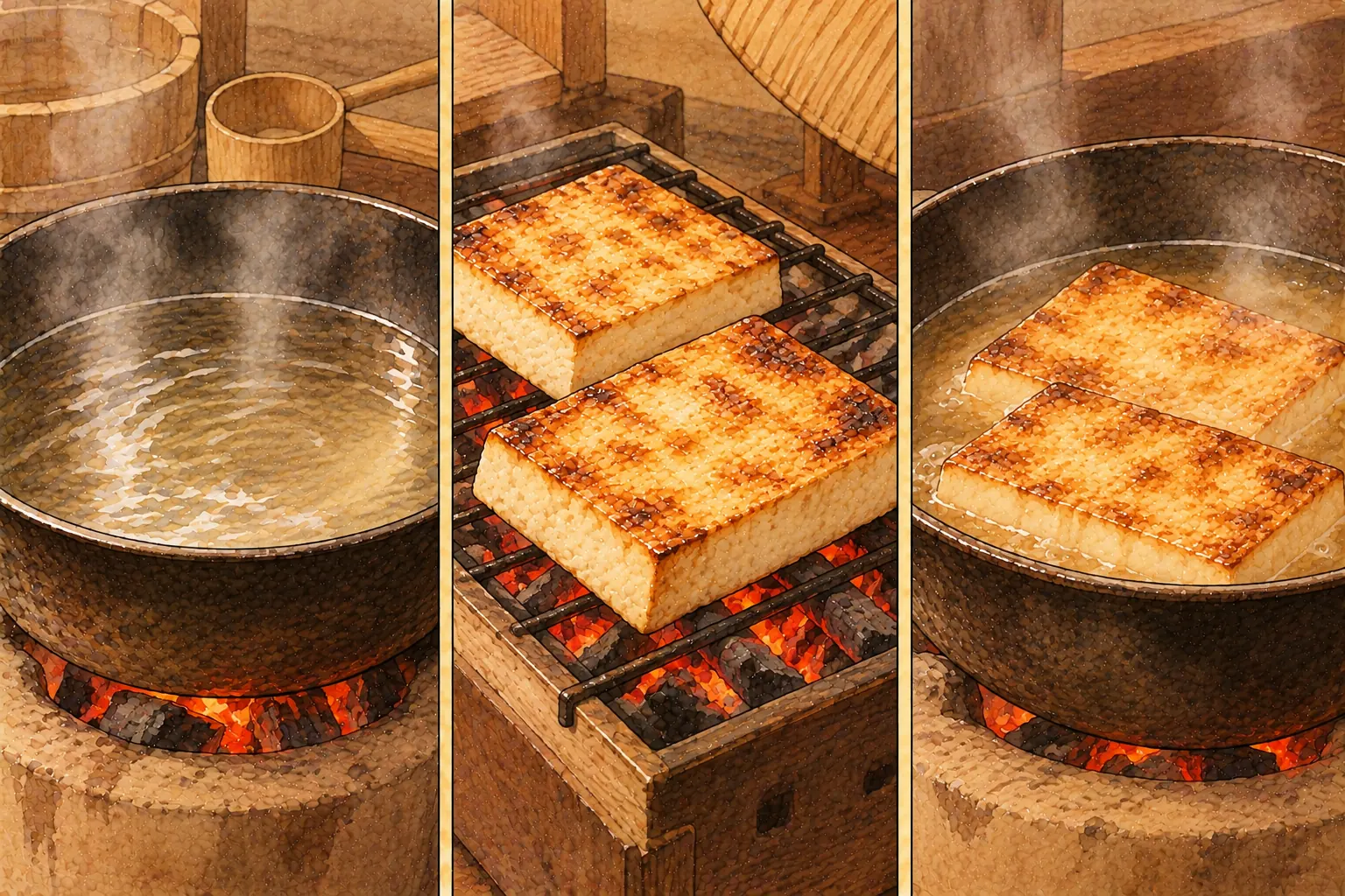 光悦とうふの作り方。①酒を長く煮る ②塩をまぶして狐色に焼く ③酒で煮る