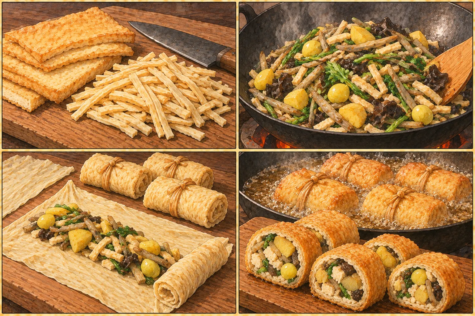 真のケンチヱン・草のケンチヱンの作り方。①豆腐を揚げて細く切る ②具と炒めて味をつける ③湯葉で巻く ④揚げて切る