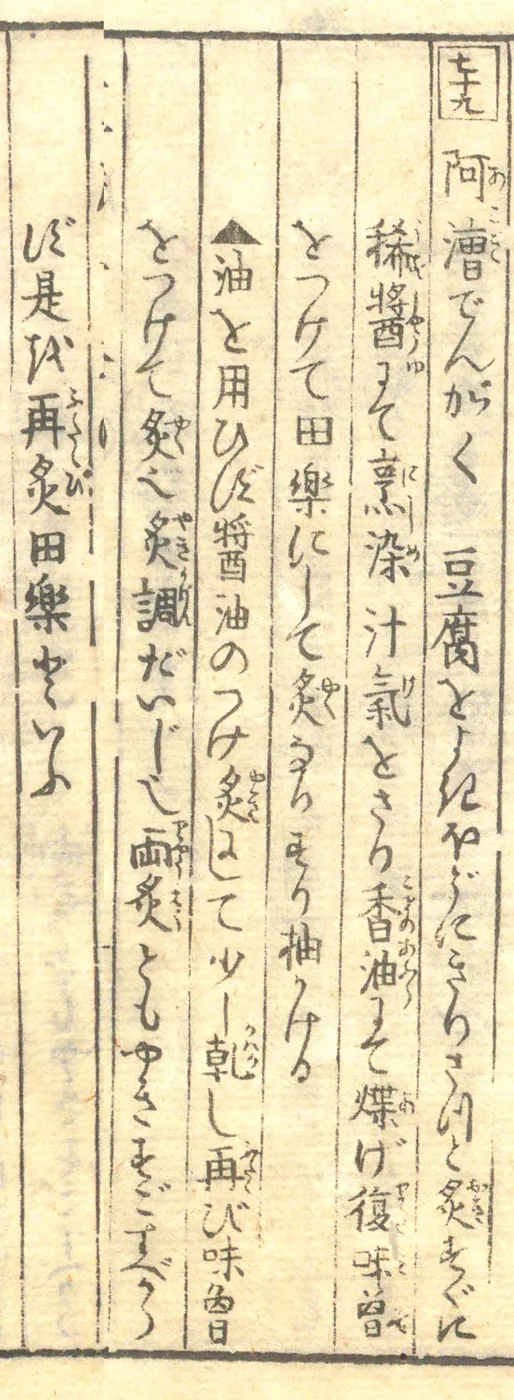 豆腐百珍の原本。阿漕でんがく・再炙田楽の項
