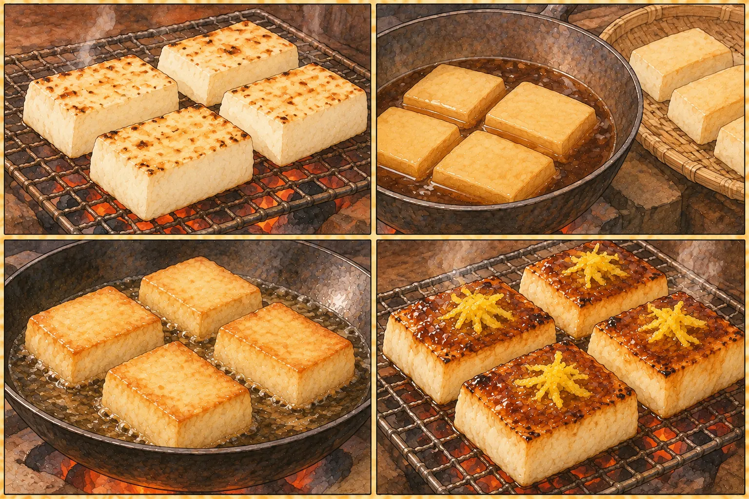 阿漕でんがく・再炙田楽の作り方。①切って炙る ②薄醤油で煮しめる ③ごま油で揚げる ④味噌をつけて焼く