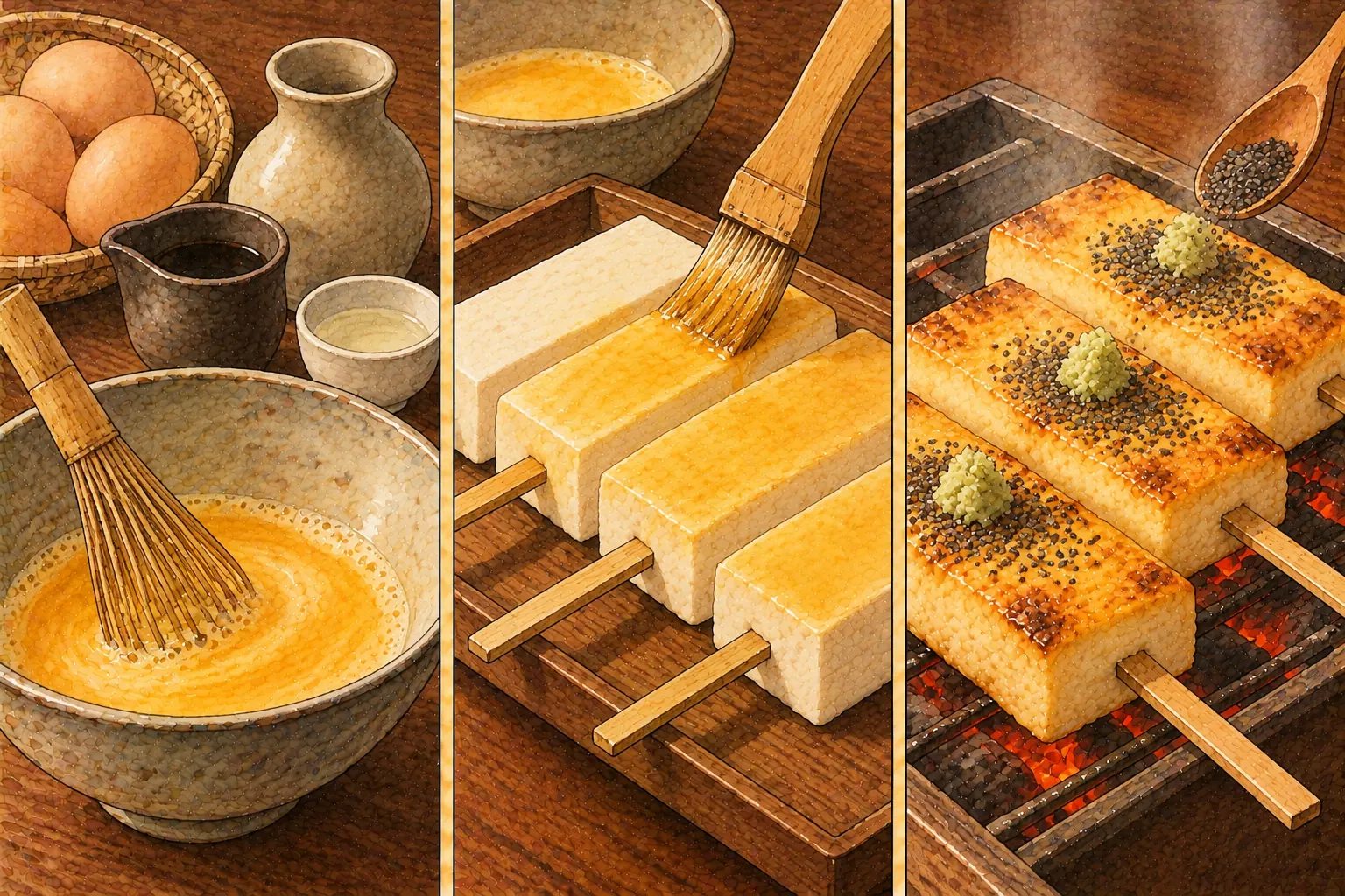 鶏卵でんがくの作り方。①卵だれを作る ②田楽にぬる ③ふくれるまで焼く