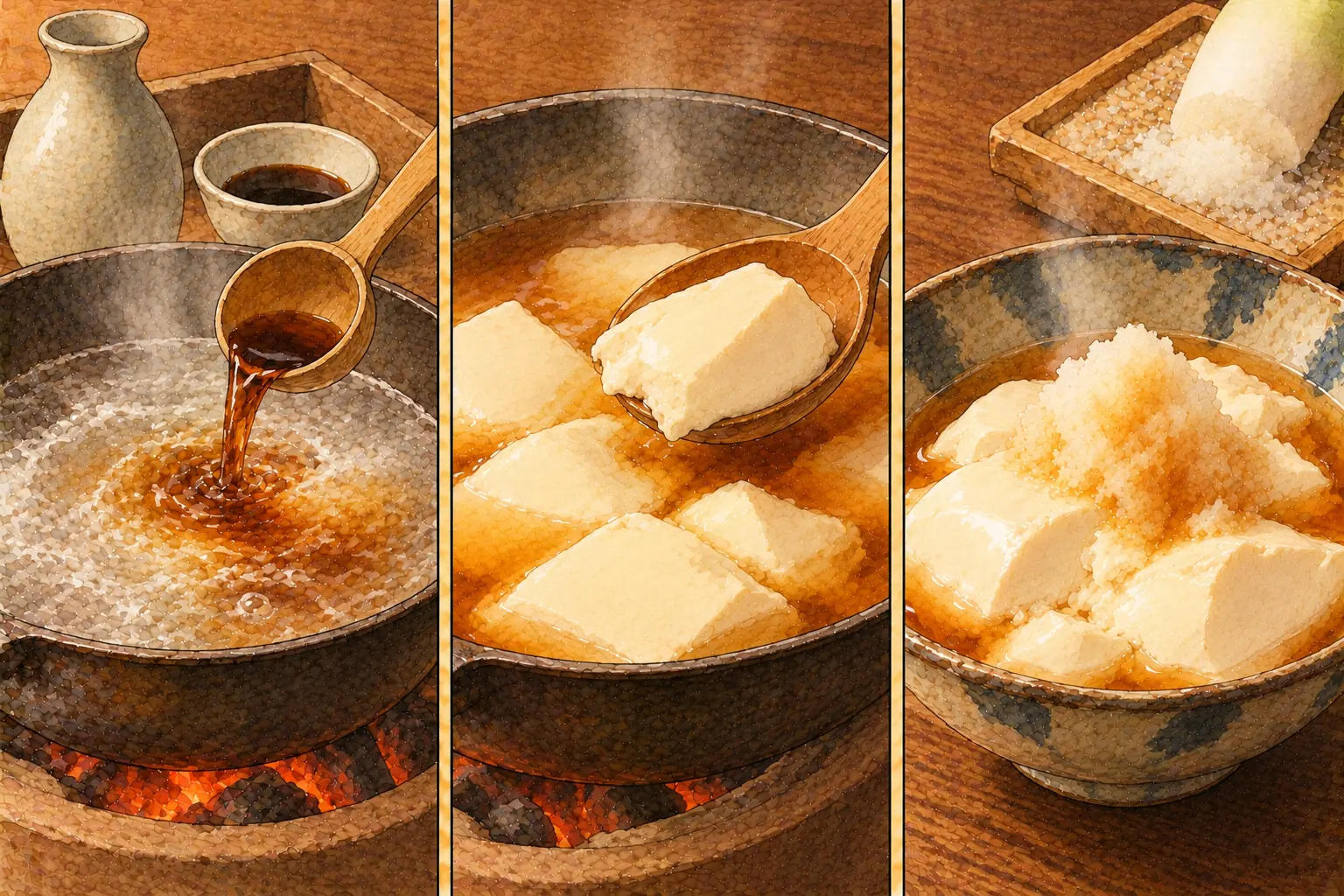 真の八杯とうふの作り方。①水と酒を煮立てる ②醤油を入れて豆腐を ③おろし大根を置く