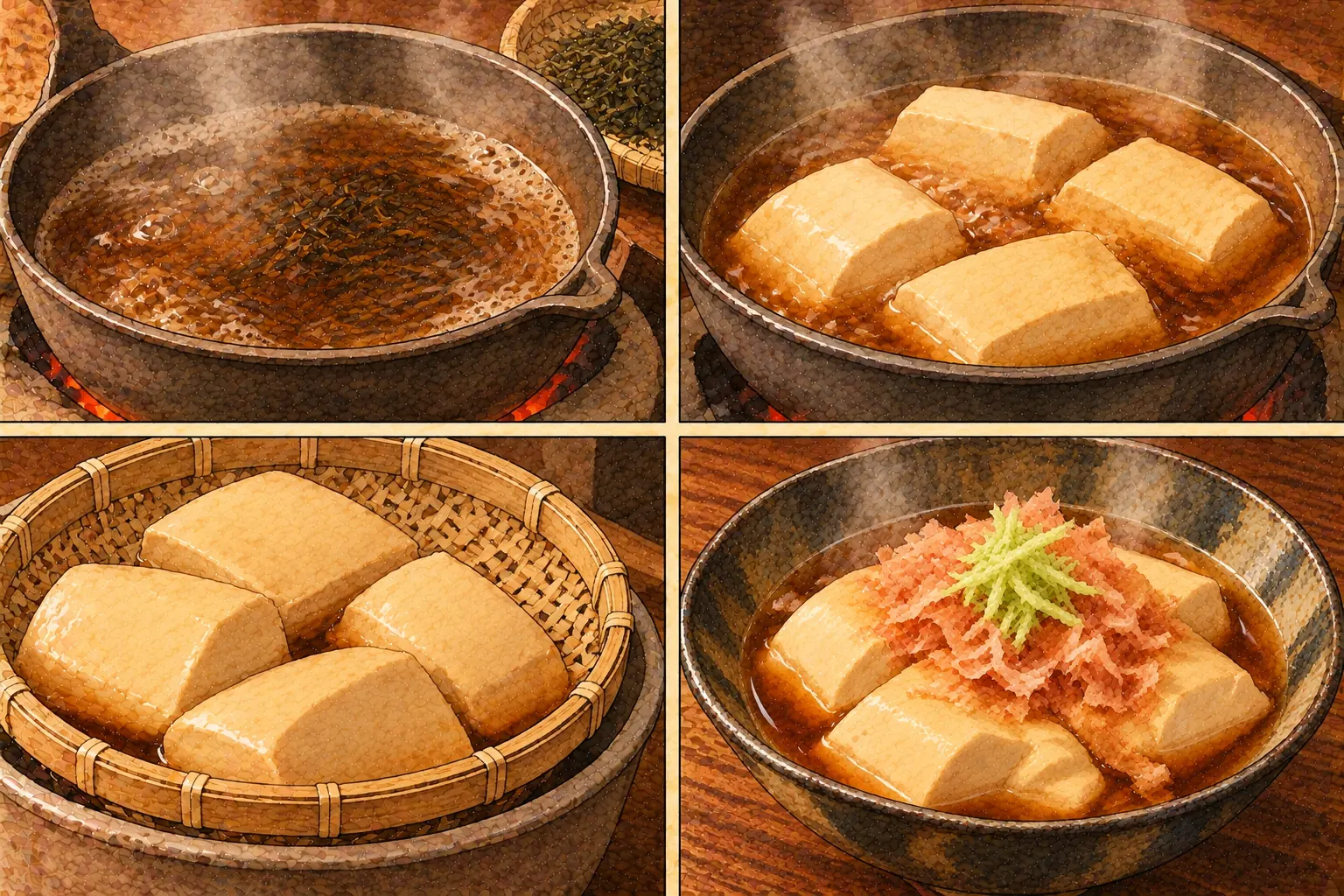 茶豆乳の作り方。①茶を煮出す ②豆腐を茶で煮る ③出ばなに入れ直す ④薬味を置く