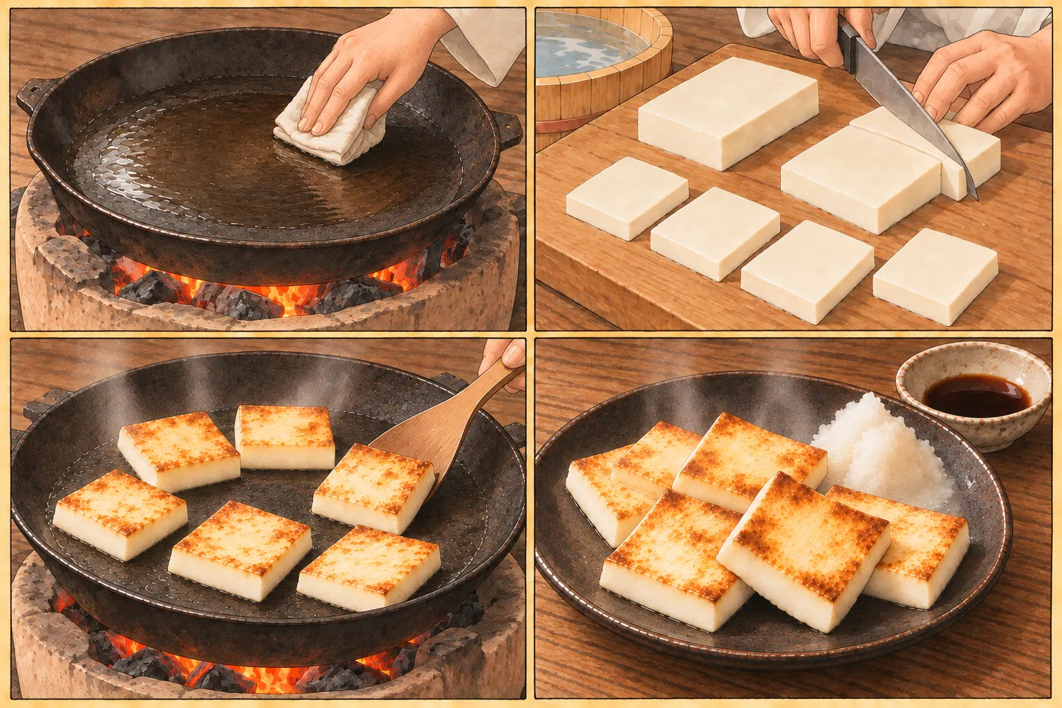 石焼とうふの作り方。①鍋に油を塗る ②豆腐を切る ③置いてすぐ返す ④すぐ食べる
