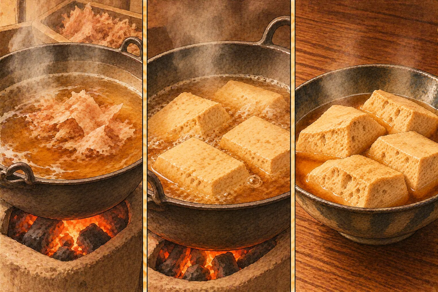 煮熟とうふの作り方。①鰹だしを用意する ②炭火で一日煮る ③すが立てば仕上がり