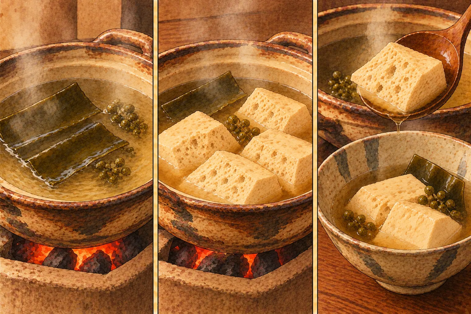 嚫素のにぬき豆乳の作り方。①昆布だしに山椒 ②一日じゅう煮る ③盛る
